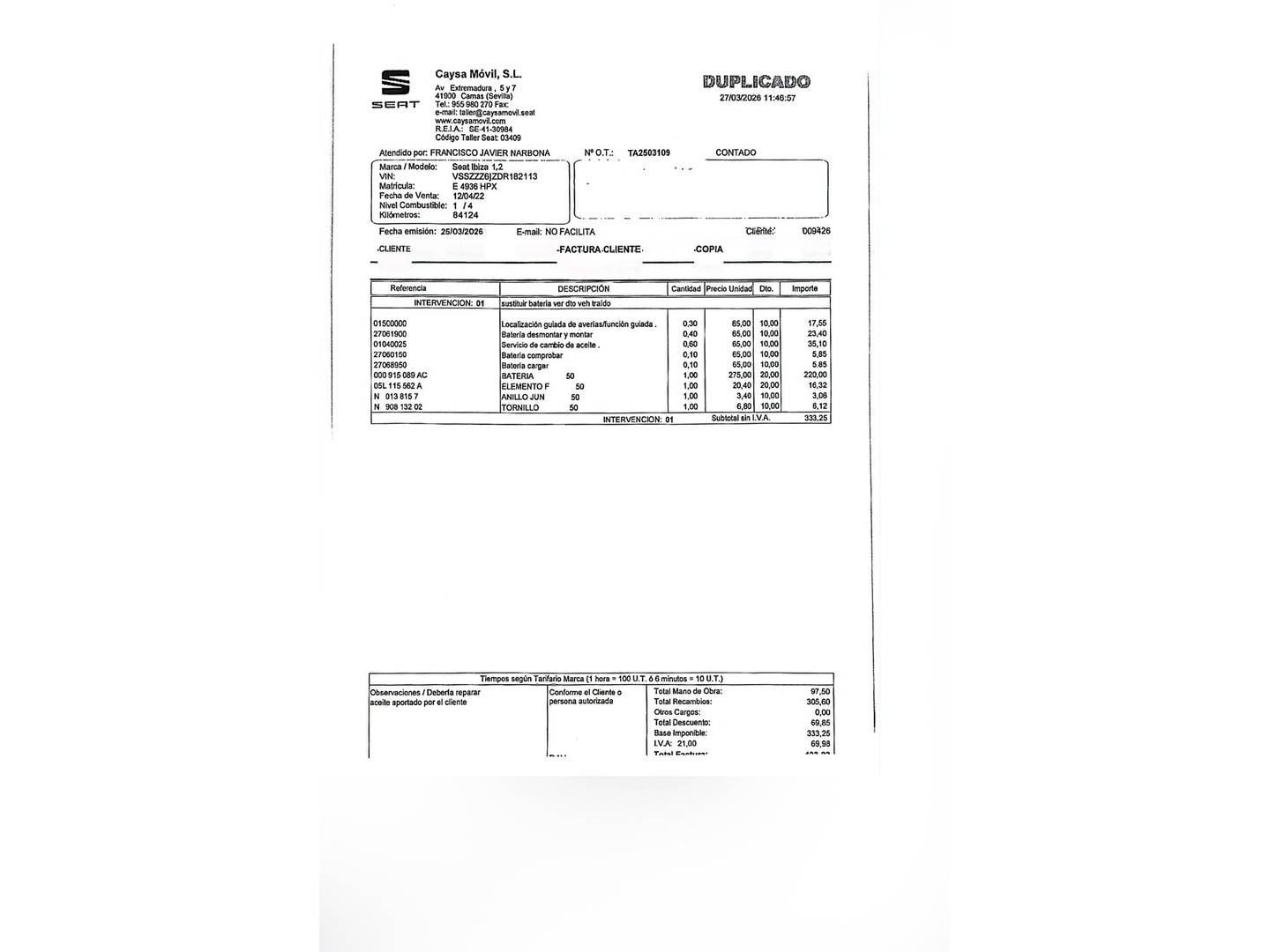 Foto del mantenimiento del Seat Ibiza Seat Ibiza SC SC 1.2 Reference (70 CV)