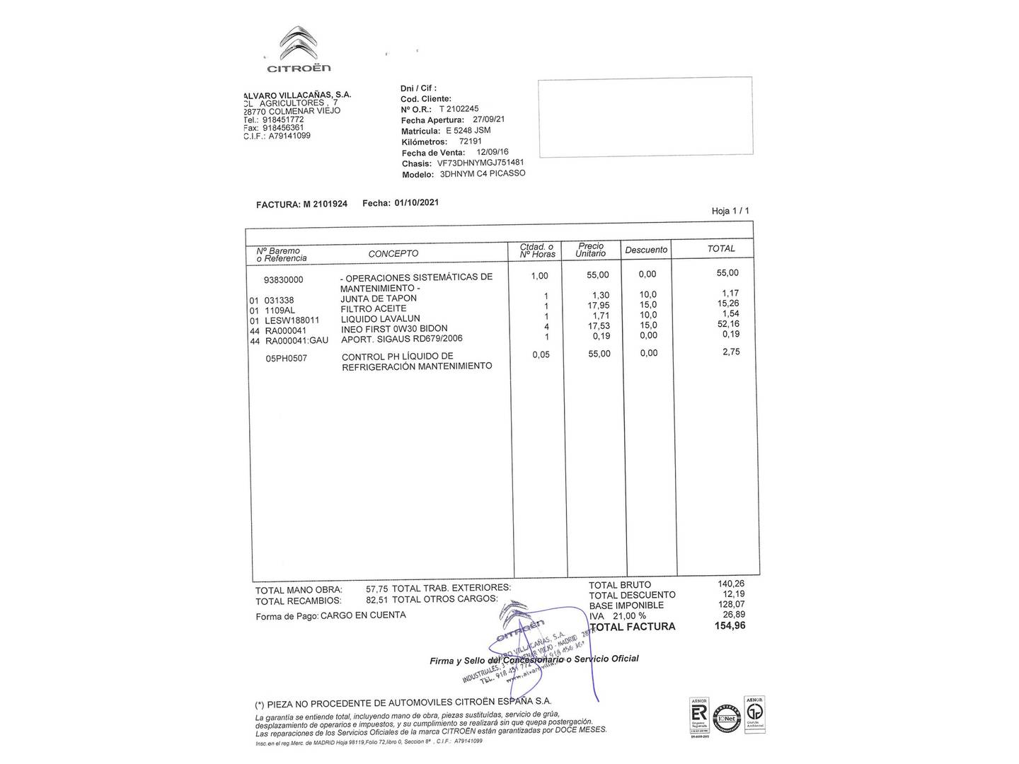 Foto del mantenimiento del Citroën C4 Picasso Citroën C4 Picasso PureTech 130 S&S Feel (130 CV)