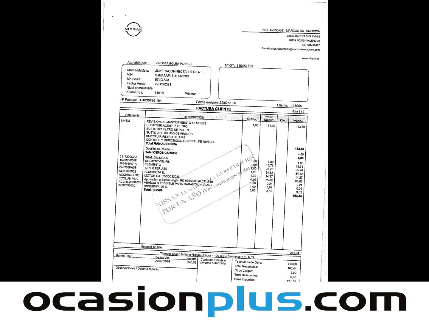 Foto del mantenimiento del Nissan JUKE Nissan Juke DIG-T N-Connecta 4x2 DCT (114 CV)