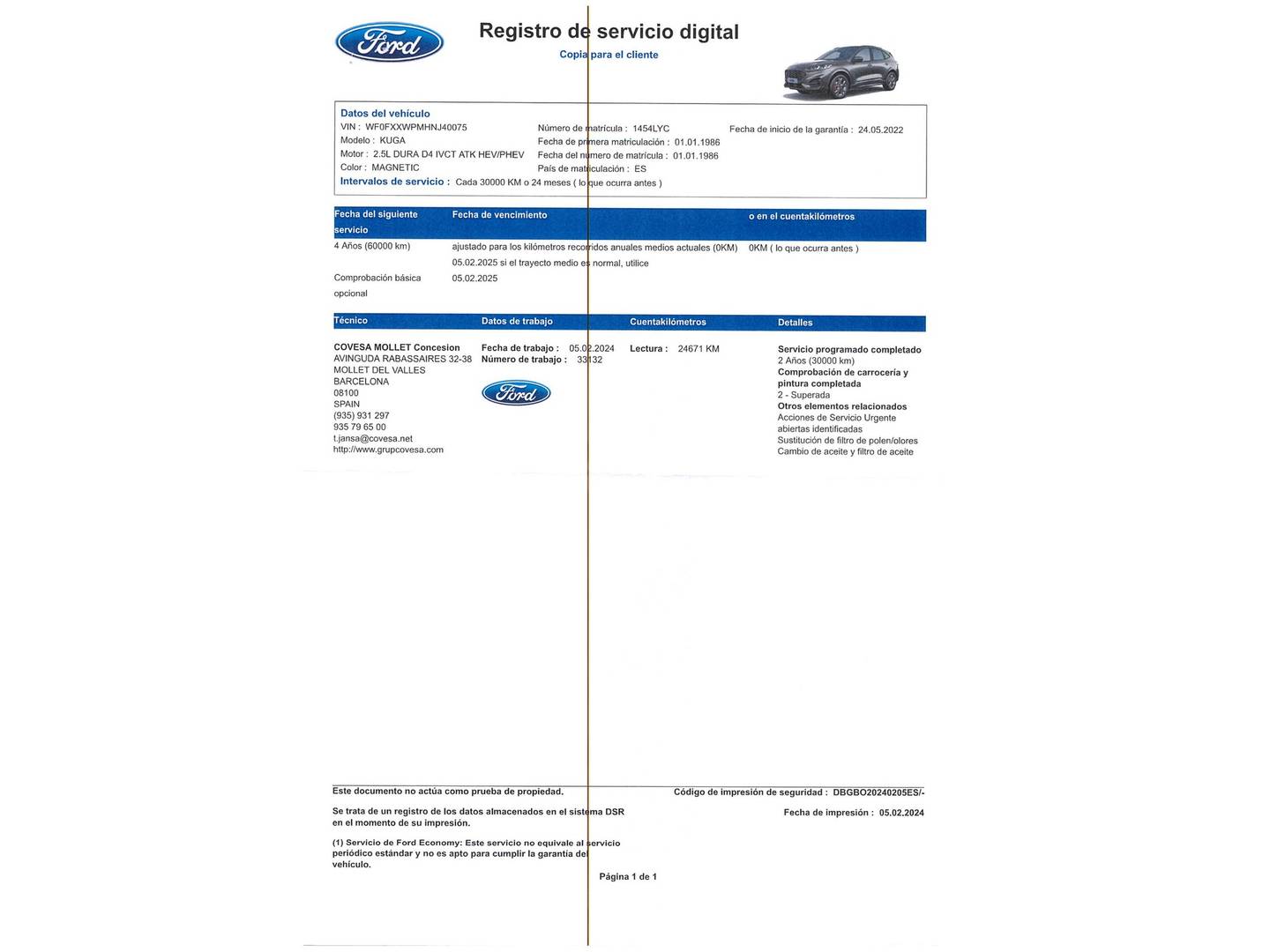 Foto del mantenimiento del Ford Kuga Ford Kuga 2.5 Duratec FHEV ST-Line X 4x2 Auto (190 CV)