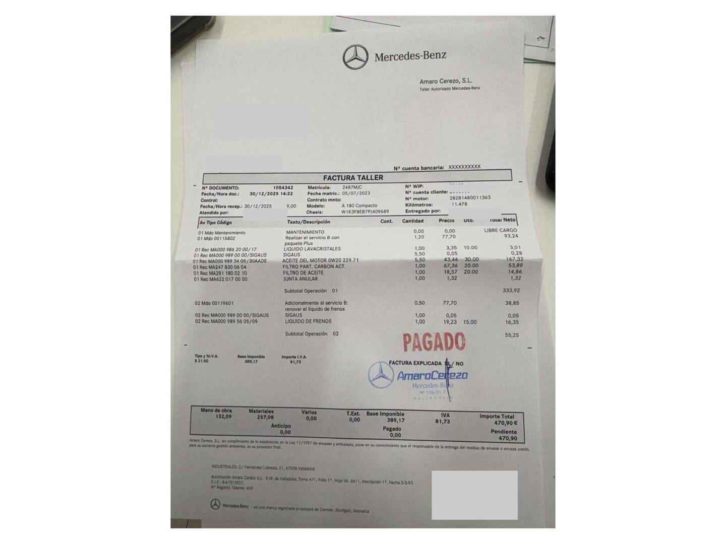 Foto del mantenimiento del Mercedes Clase A Mercedes Clase A 180 (136 CV) Pack AMG