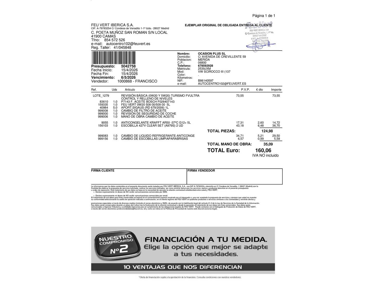 Foto del mantenimiento del Volkswagen Scirocco Volkswagen Scirocco Typhoon by R-Line 1.4 TSI BMT (125 CV)