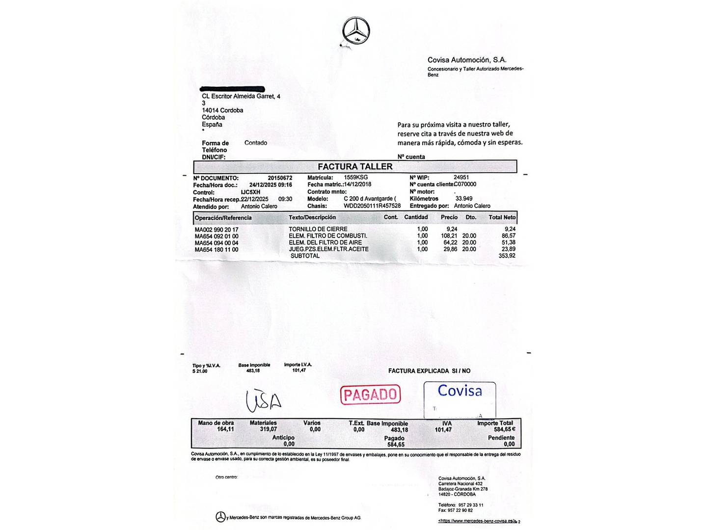 Foto del mantenimiento del Mercedes Clase C Mercedes Clase C 200 d (150 CV) Pack AMG