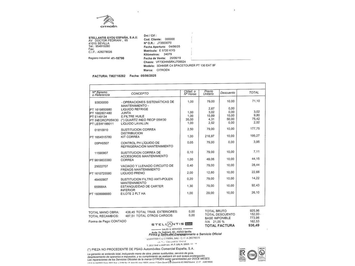 Foto del mantenimiento del Citroën C4 Spacetourer Citroën C4 Spacetourer 1.2 PureTech Feel EAT8 (130 CV)