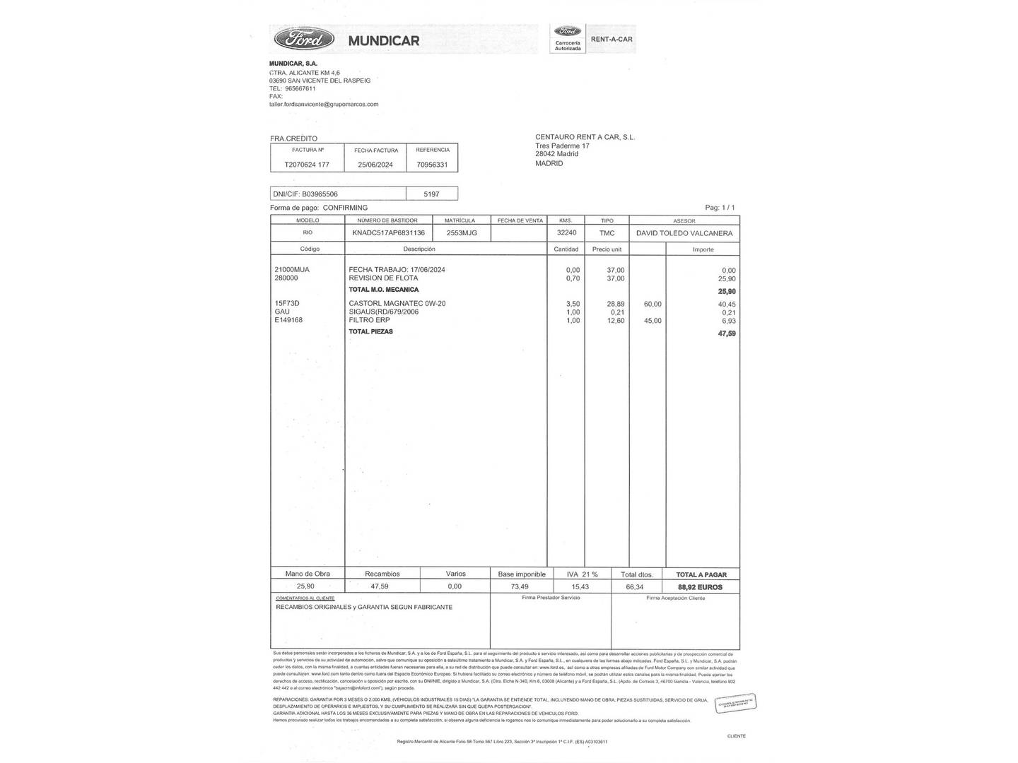 Foto del mantenimiento del KIA Rio KIA Rio 1.0 T-GDi MHEV iMT Drive (100 CV)