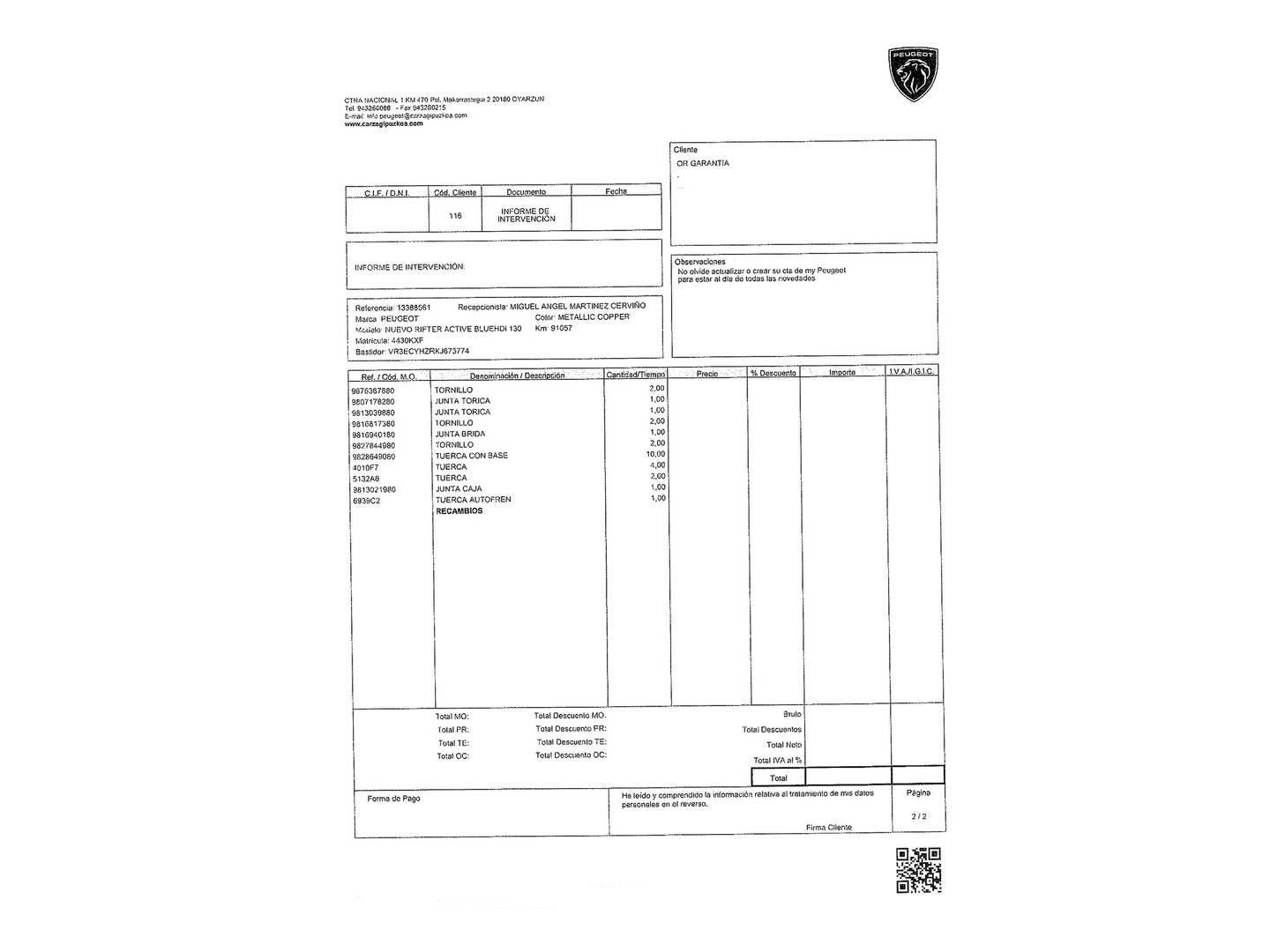 Foto del mantenimiento del Peugeot Rifter Peugeot Rifter BlueHDi 130 S&S Active Long EAT8 (130 CV)