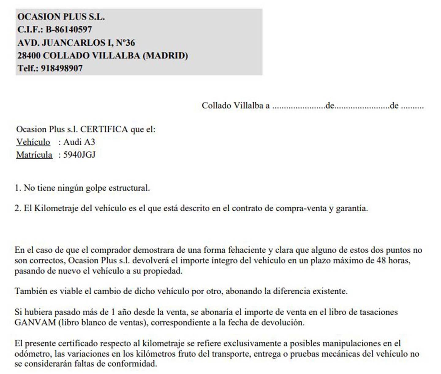 Foto del certificado del Audi A3 Audi A3 Sportback Attracted 1.6 TDI clean diesel  (110 CV)