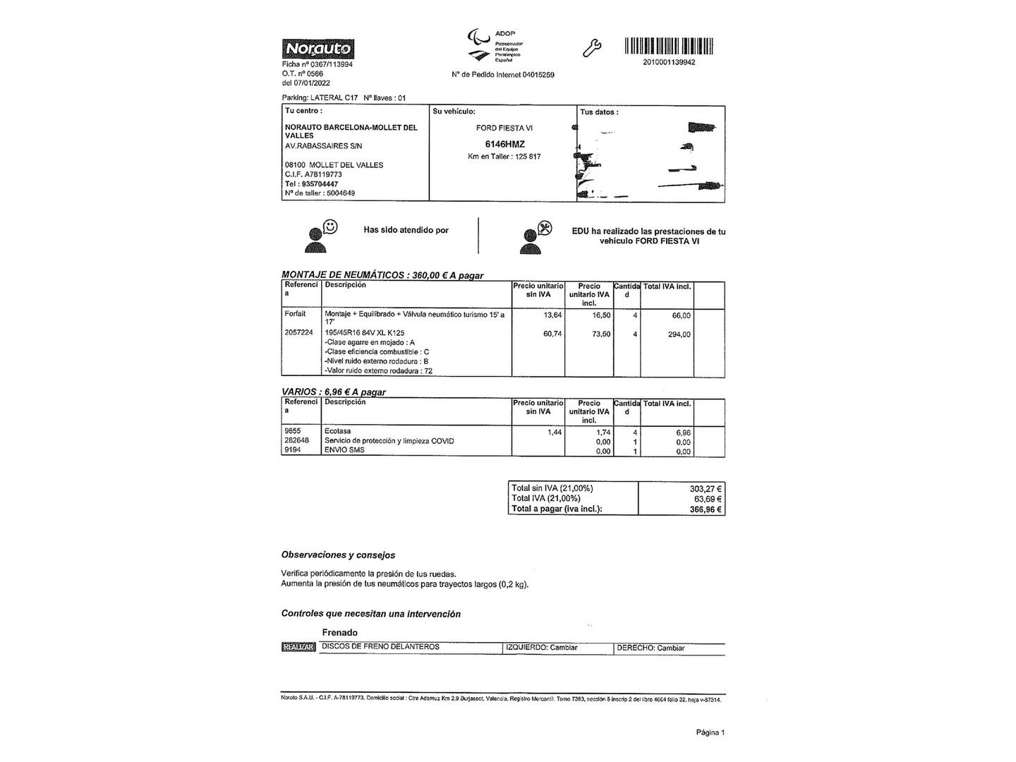 Foto del mantenimiento del Ford Fiesta Ford Fiesta 1.6 TDCI DPF Sport (95 CV)
