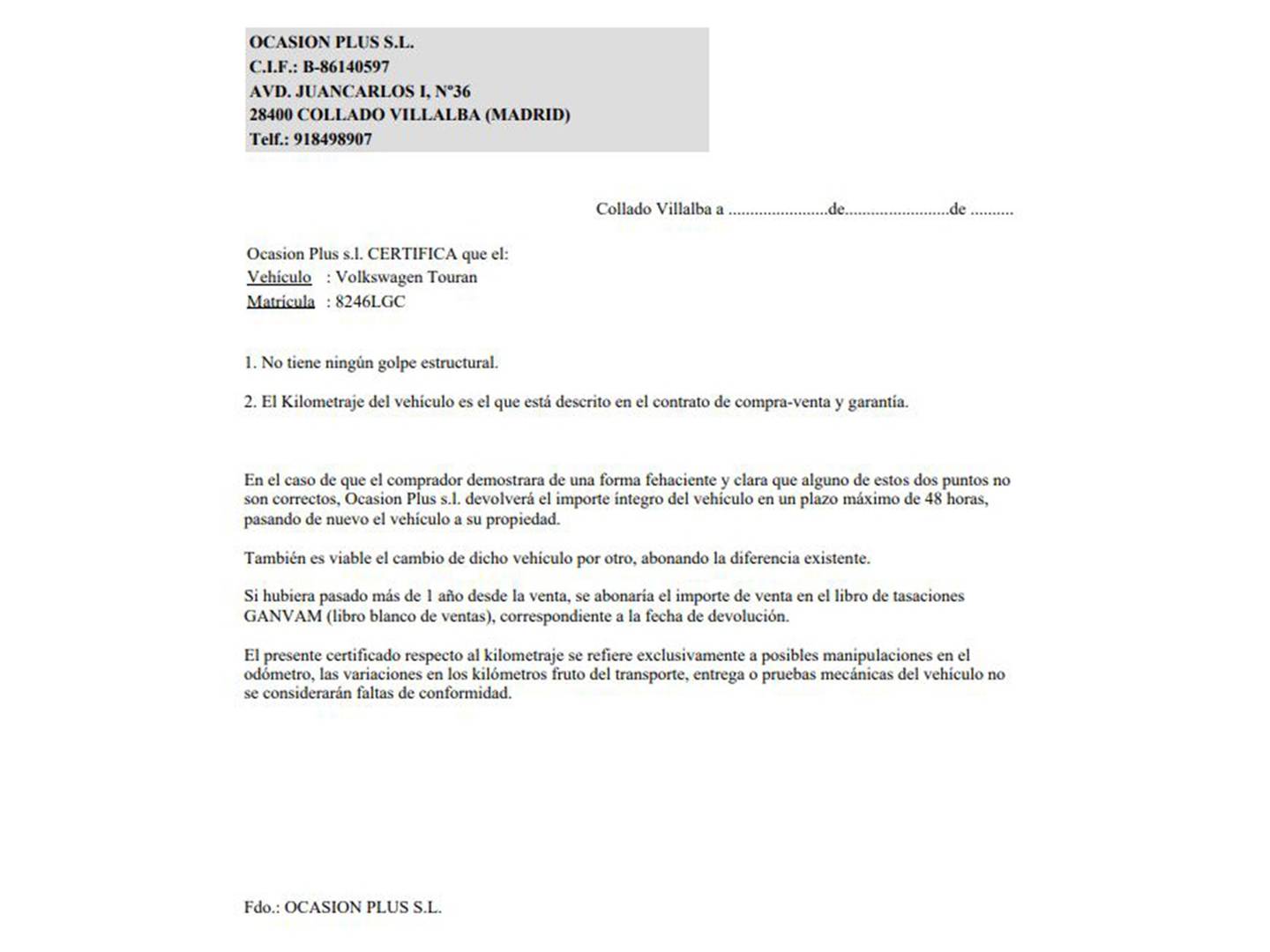Foto del certificado del Volkswagen Touran Volkswagen Touran Advance 2.0 TDI (150 CV) DSG  7 Plazas