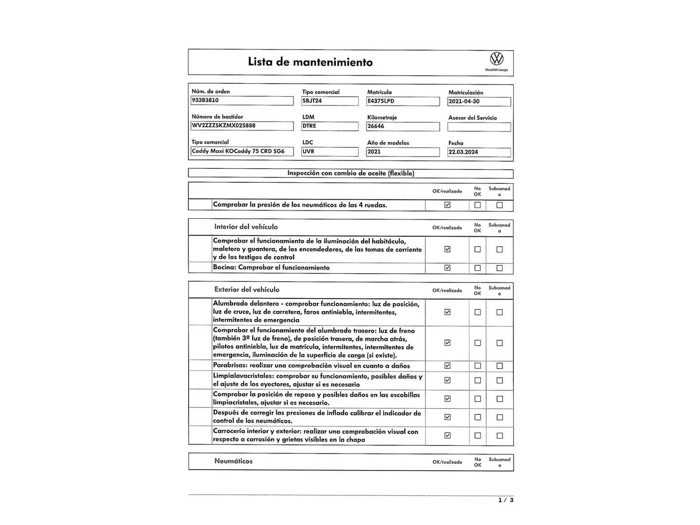 Foto del mantenimiento del Volkswagen Caddy Volkswagen Caddy Maxi Origin 2.0 TDI (102 CV) 7 Plazas