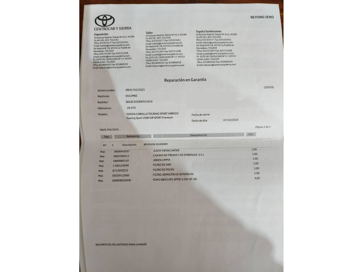 Foto del mantenimiento del Toyota Corolla Toyota Corolla 200H Touring Sports GR-Sport (196 CV)