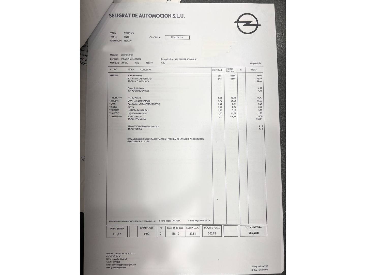 Foto del mantenimiento del Opel Grandland X Opel Grandland X 1.5 CDTi Selective (130 CV)
