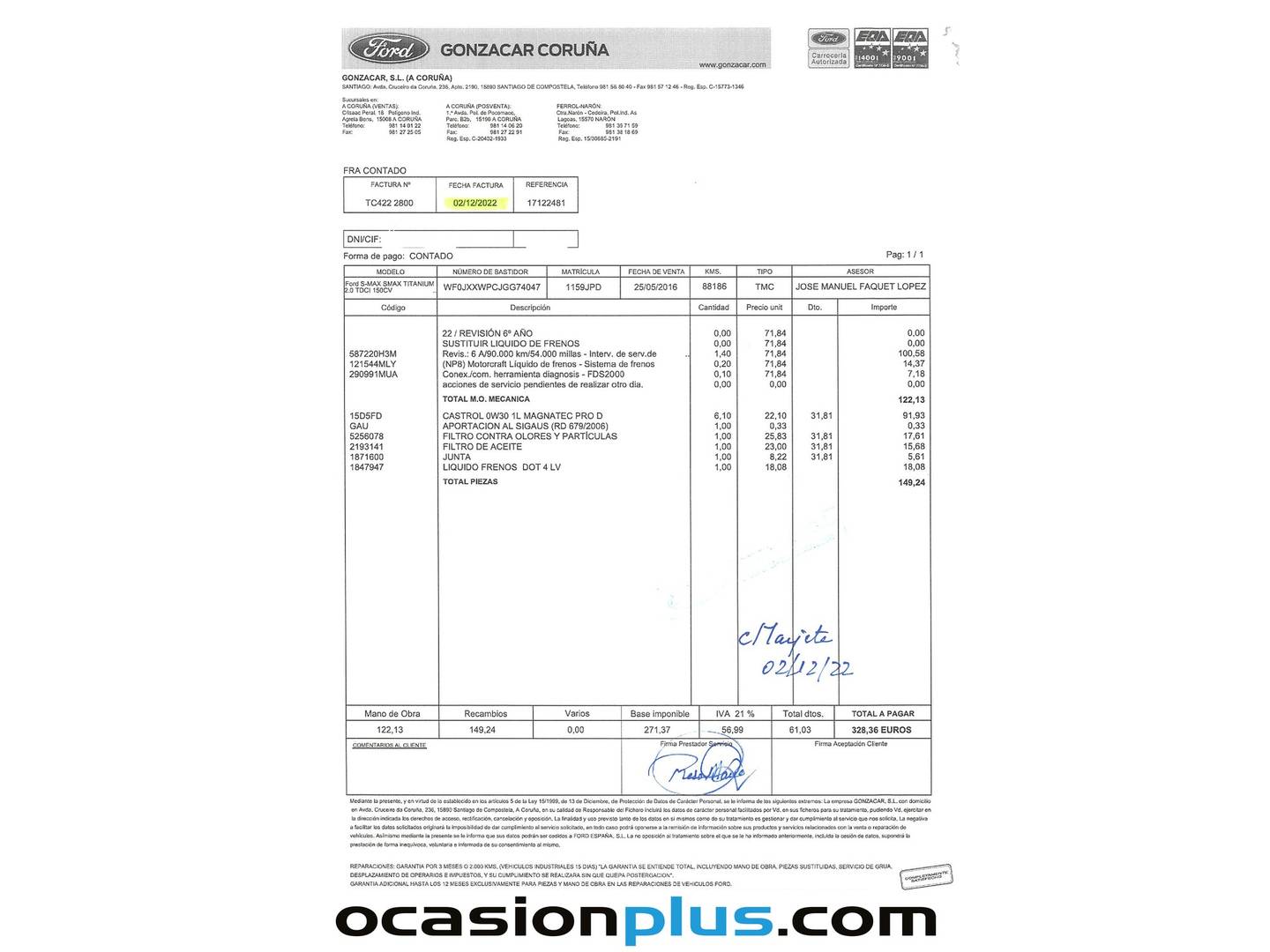 Foto del mantenimiento del Ford S-MAX Ford S-Max 2.0 TDCI Titanium PowerShift (150 CV) 7 Plazas