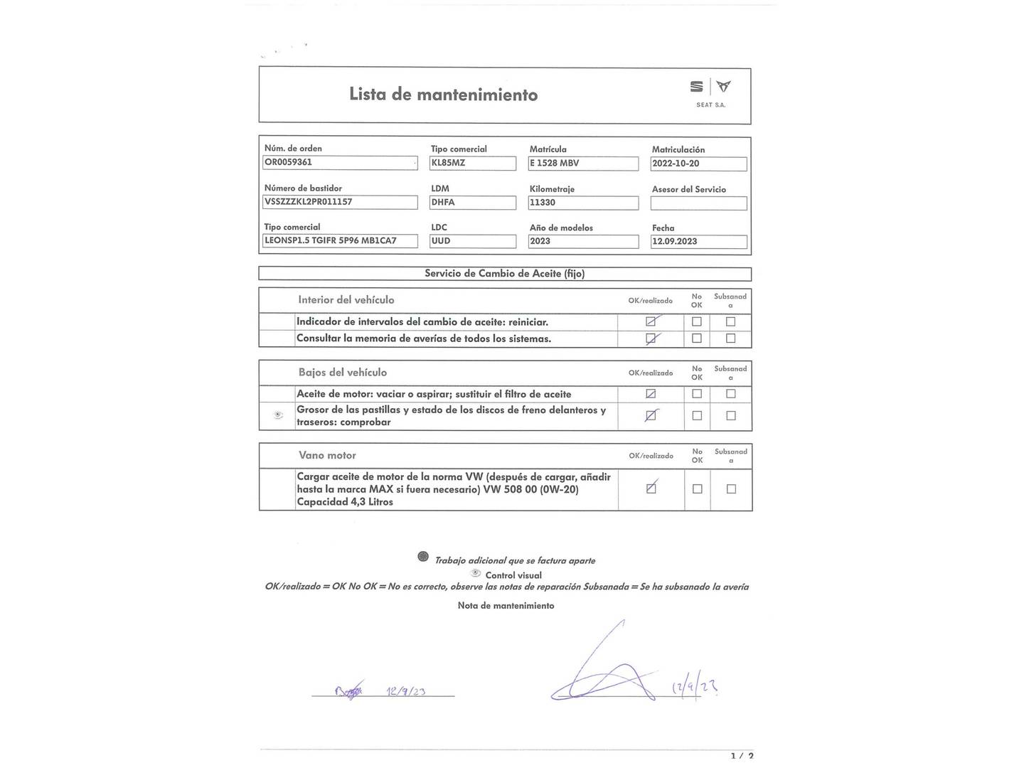 Foto del mantenimiento del Seat León Seat Nuevo León 1.5 TGI DSG-7 S&S FR Go XL