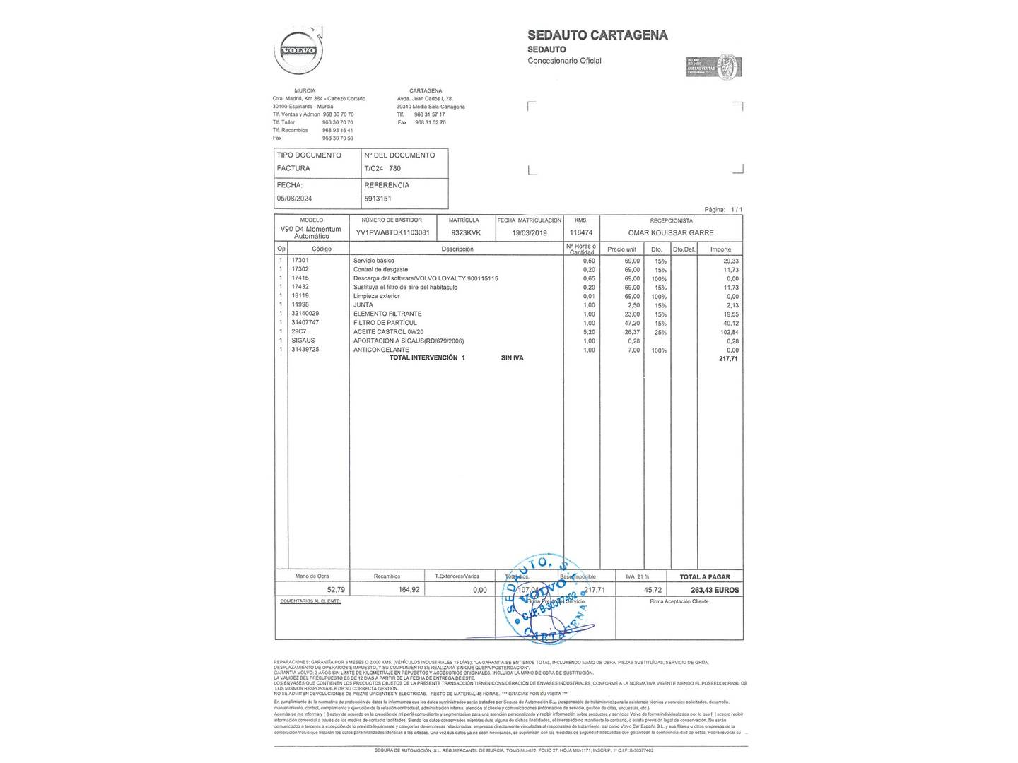 Foto del mantenimiento del Volvo V90 Volvo V90 D4 Momentum Auto (190 CV)