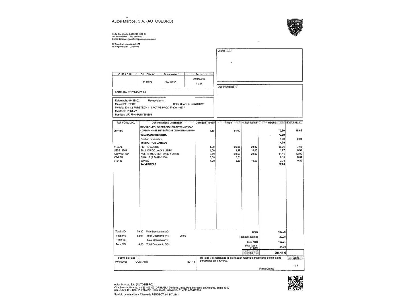 Foto del mantenimiento del Peugeot 308 Peugeot 308 PureTech 110 S&S Active Pack (110 CV)