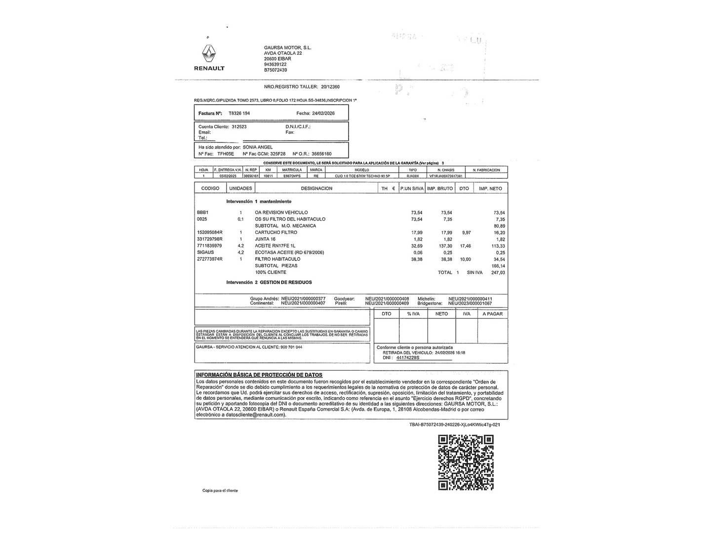 Foto del mantenimiento del Renault Clio Renault Clio Techno TCe (90 CV)