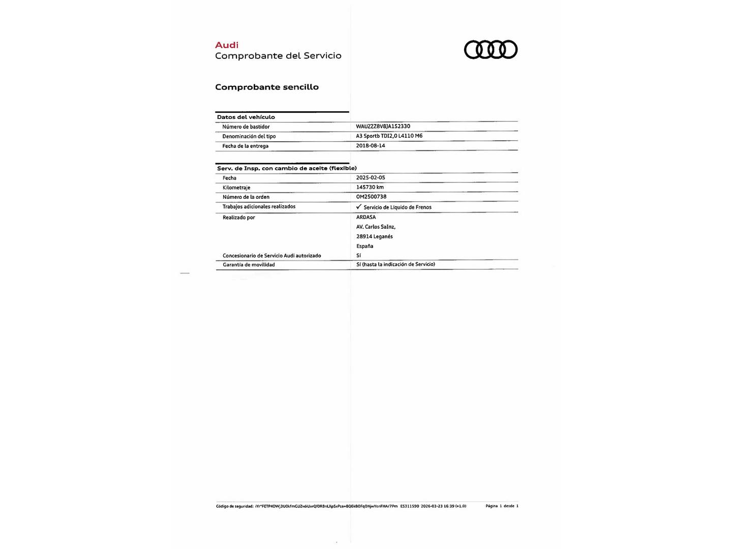 Foto del mantenimiento del Audi A3 Audi A3 Sportback Black Line edition 2.0 TDI (150 CV)