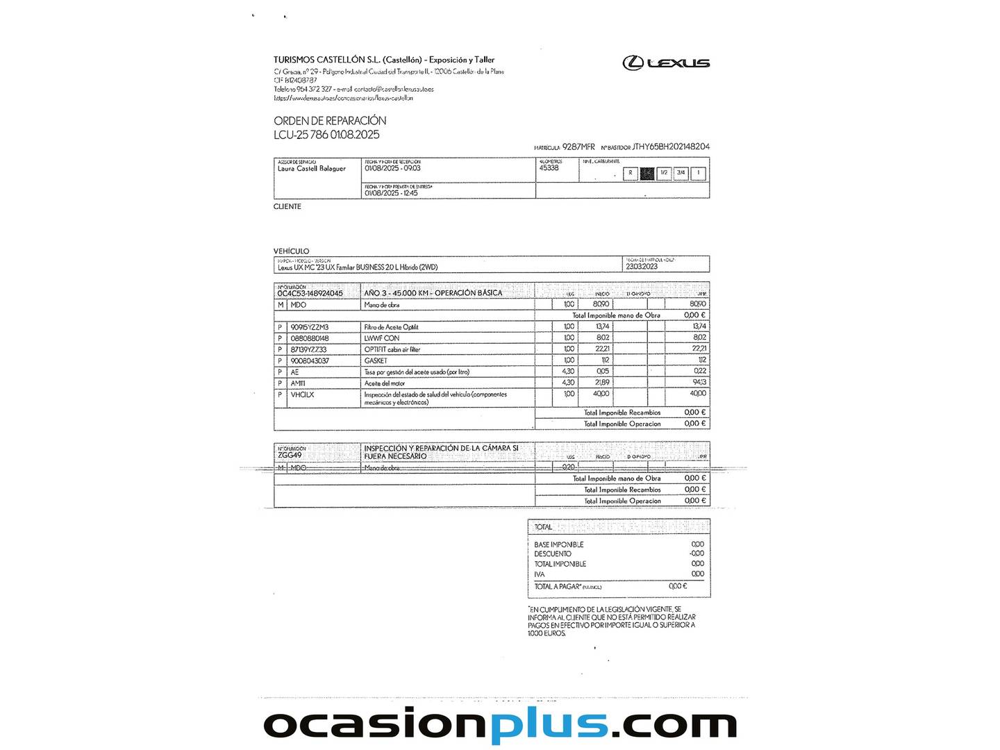 Foto del mantenimiento del Lexus UX Lexus UX 250h Business City (184 CV)