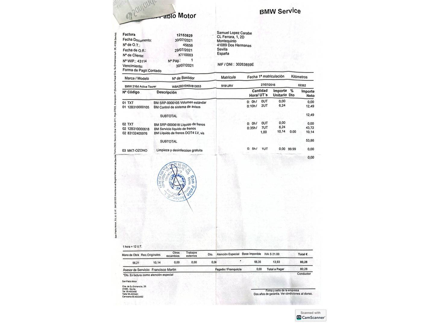 Foto del certificado del BMW Serie 2 Active Tourer BMW Serie 2 216d Active Tourer (116 CV)