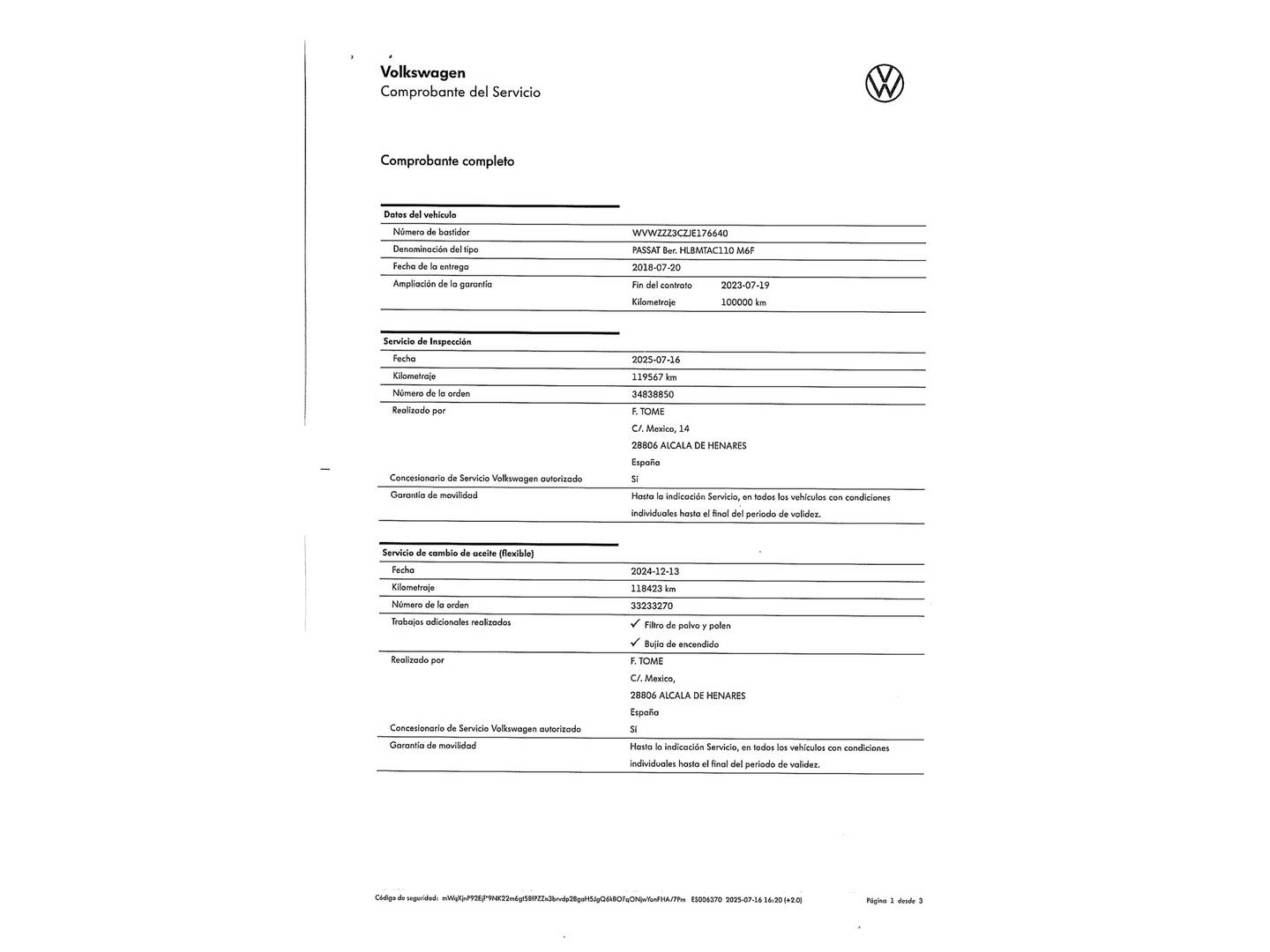 Foto del mantenimiento del Volkswagen Passat Volkswagen Passat 1.4 TSI ACT Sport (150 CV)