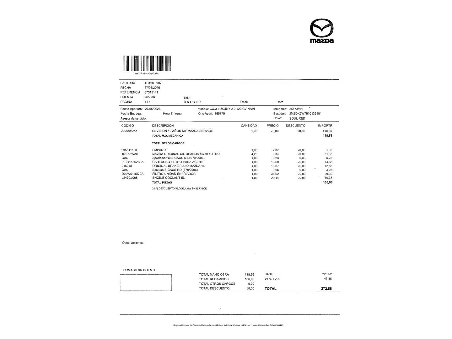 Foto del mantenimiento del Mazda CX-3 Mazda CX-3 2.0 SKYACTIV GE Luxury 2WD (120 CV)