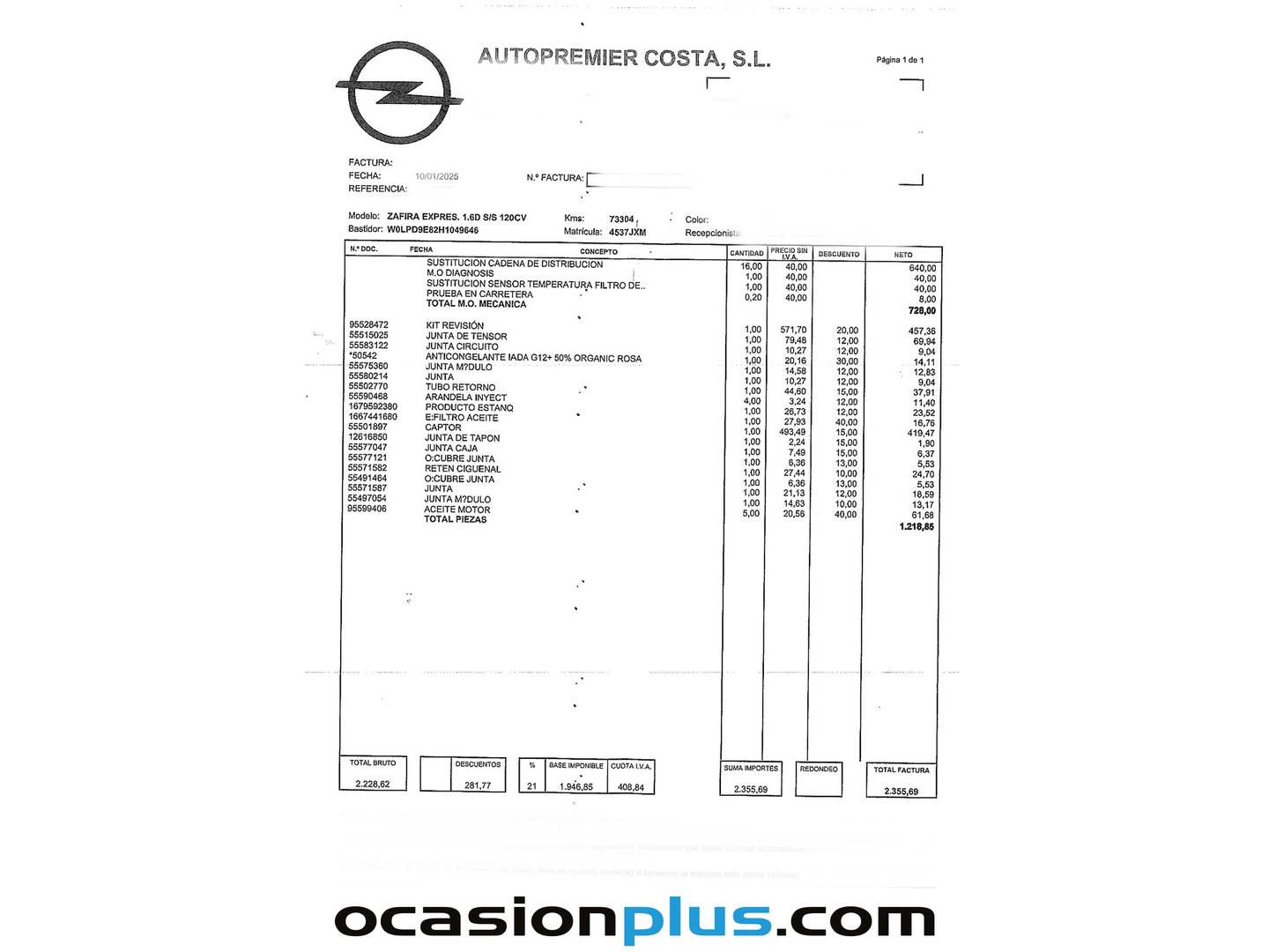 Foto del mantenimiento del Opel Zafira Opel Zafira 1.6 CDTI S&S Expression (120 CV) 7 Plazas