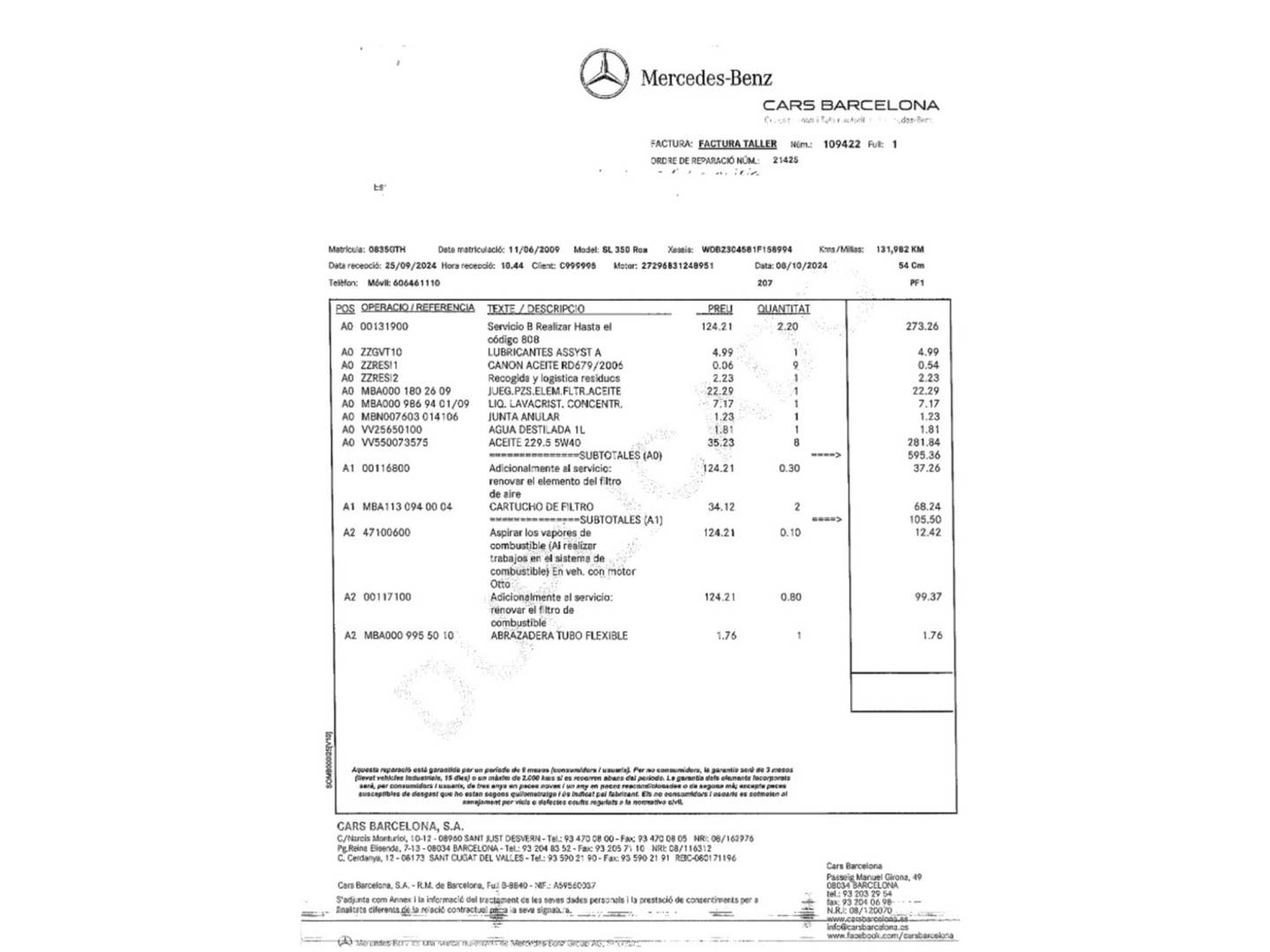 Foto del mantenimiento del Mercedes Clase SL Mercedes Clase SL SL 350 (315 CV)