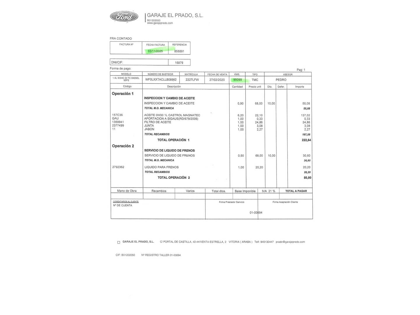 Foto del mantenimiento del Ford Tourneo Courier Ford Tourneo Courier 1.5 TDCi Titanium (100 CV)