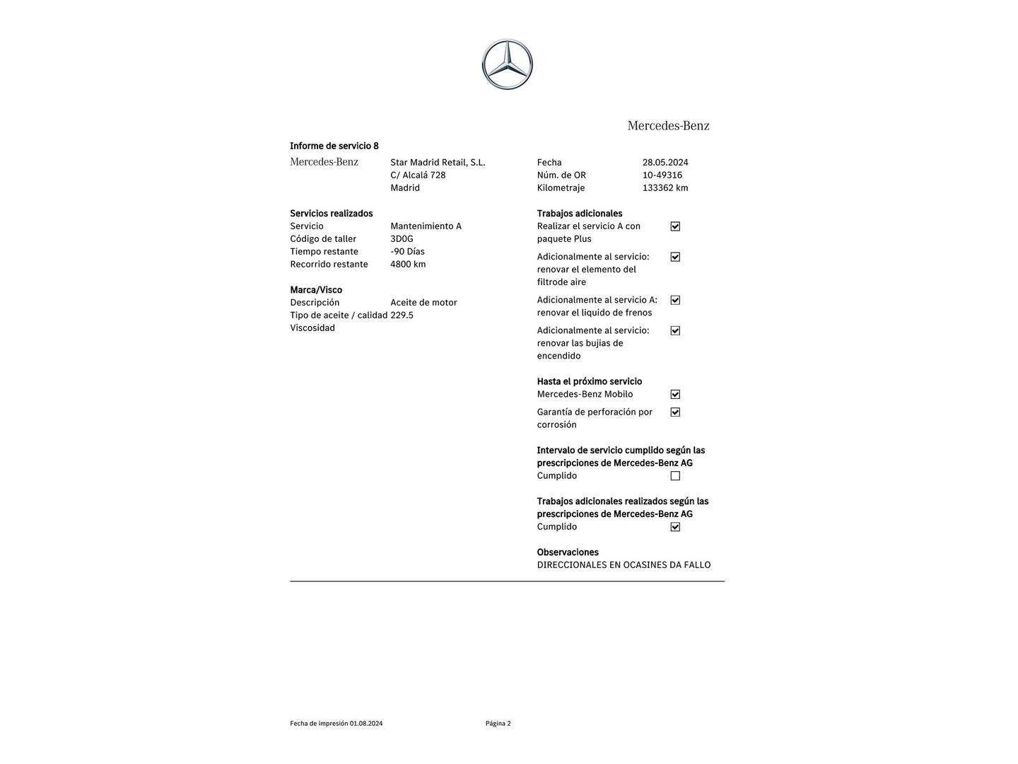 Foto del mantenimiento del Mercedes CLA Mercedes CLA 250 (211 CV)