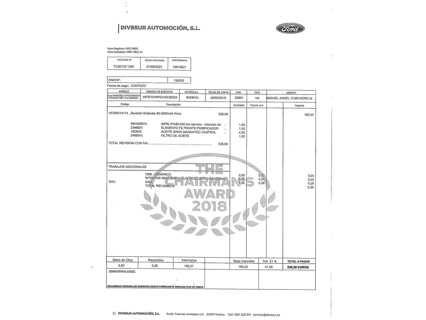 Foto del mantenimiento del Ford Mondeo Ford Mondeo SportBreak 2.0 Híbrido Hev Titanium 138 kW (187 CV)