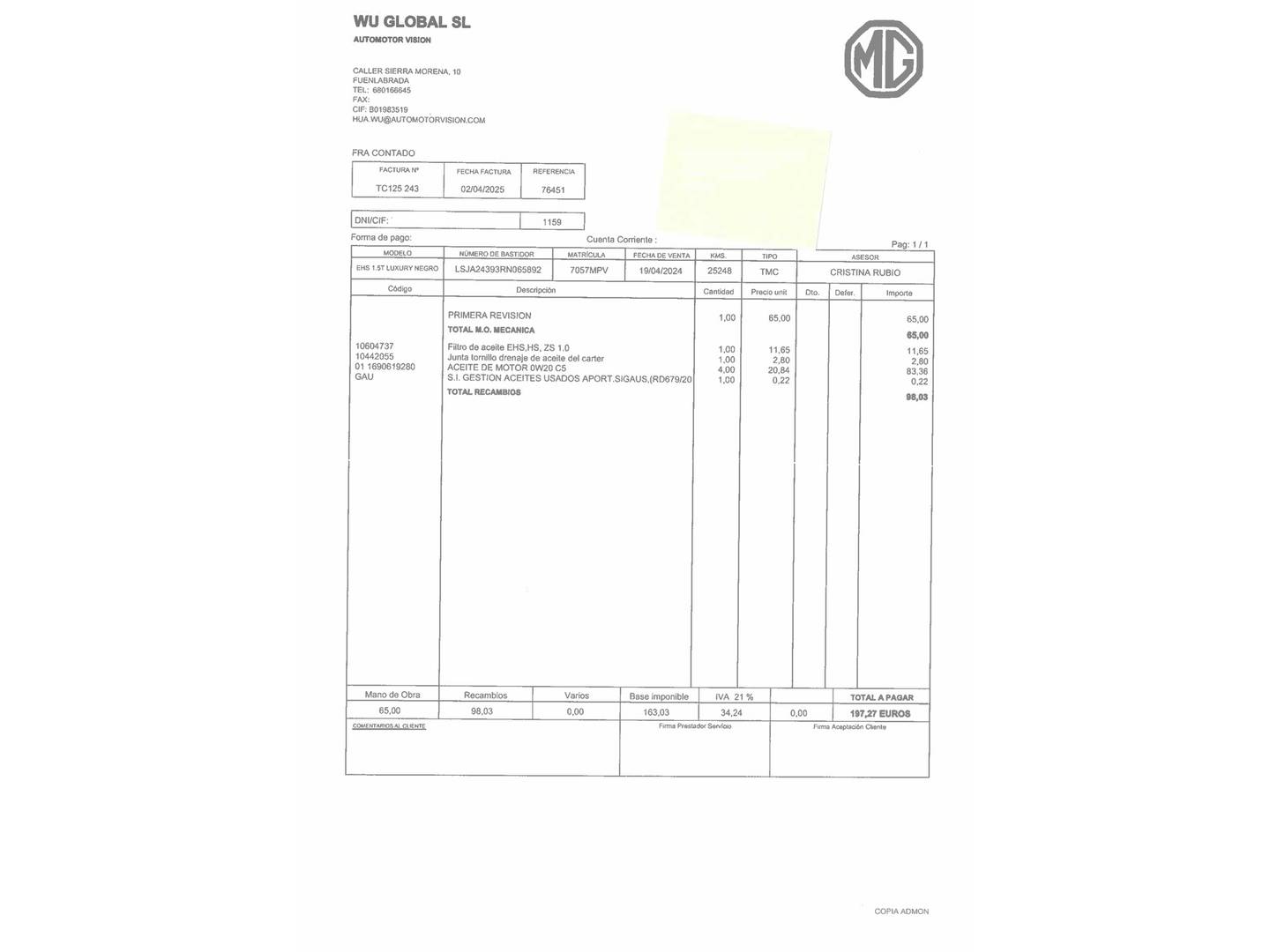 Foto del mantenimiento del MG eHS MG eHS 1.5 T-GDI PHEV Luxury (258 CV)