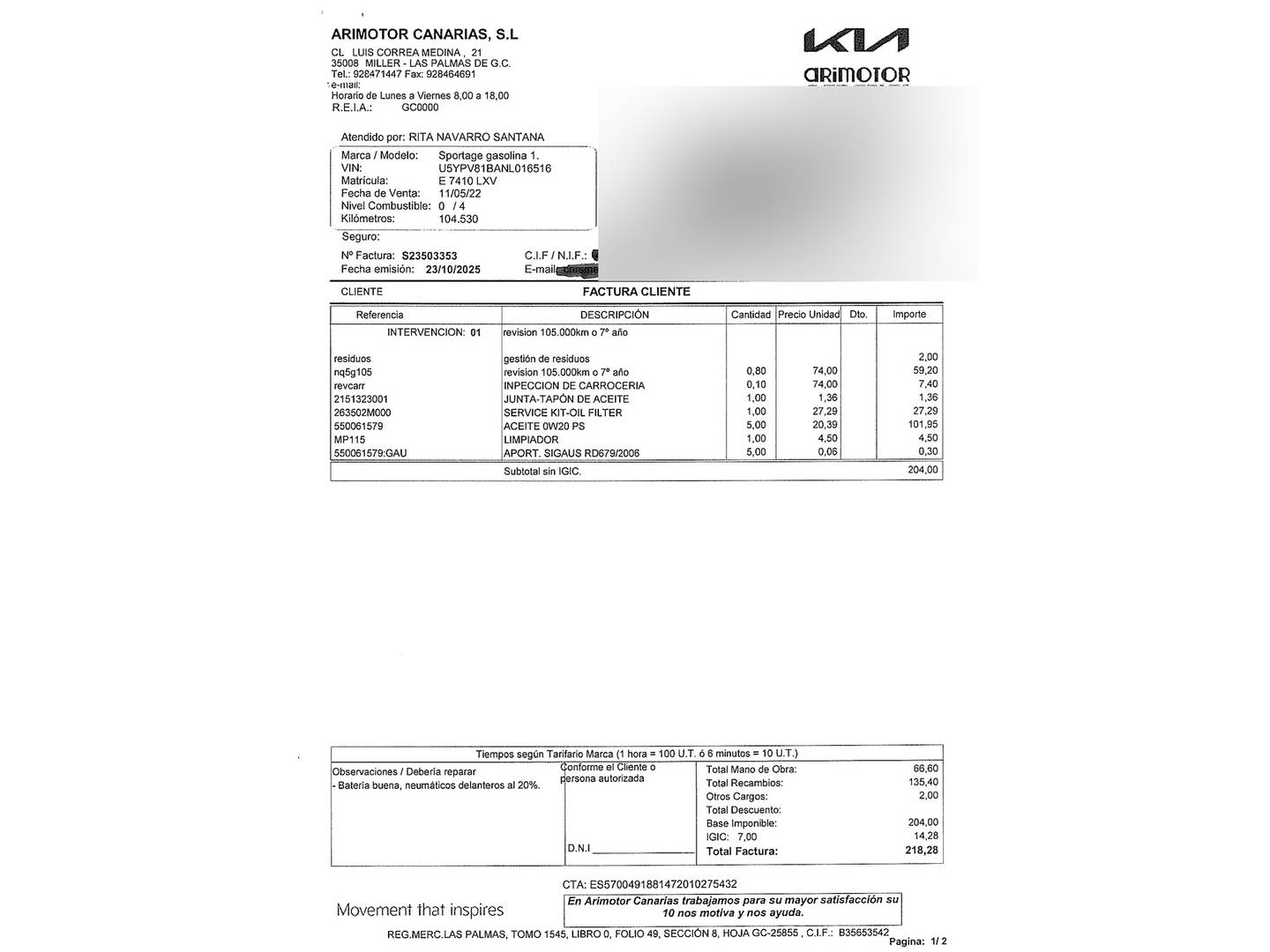 Foto del mantenimiento del KIA Sportage KIA Sportage 1.6 T-GDi Drive 4x2  (150 CV)