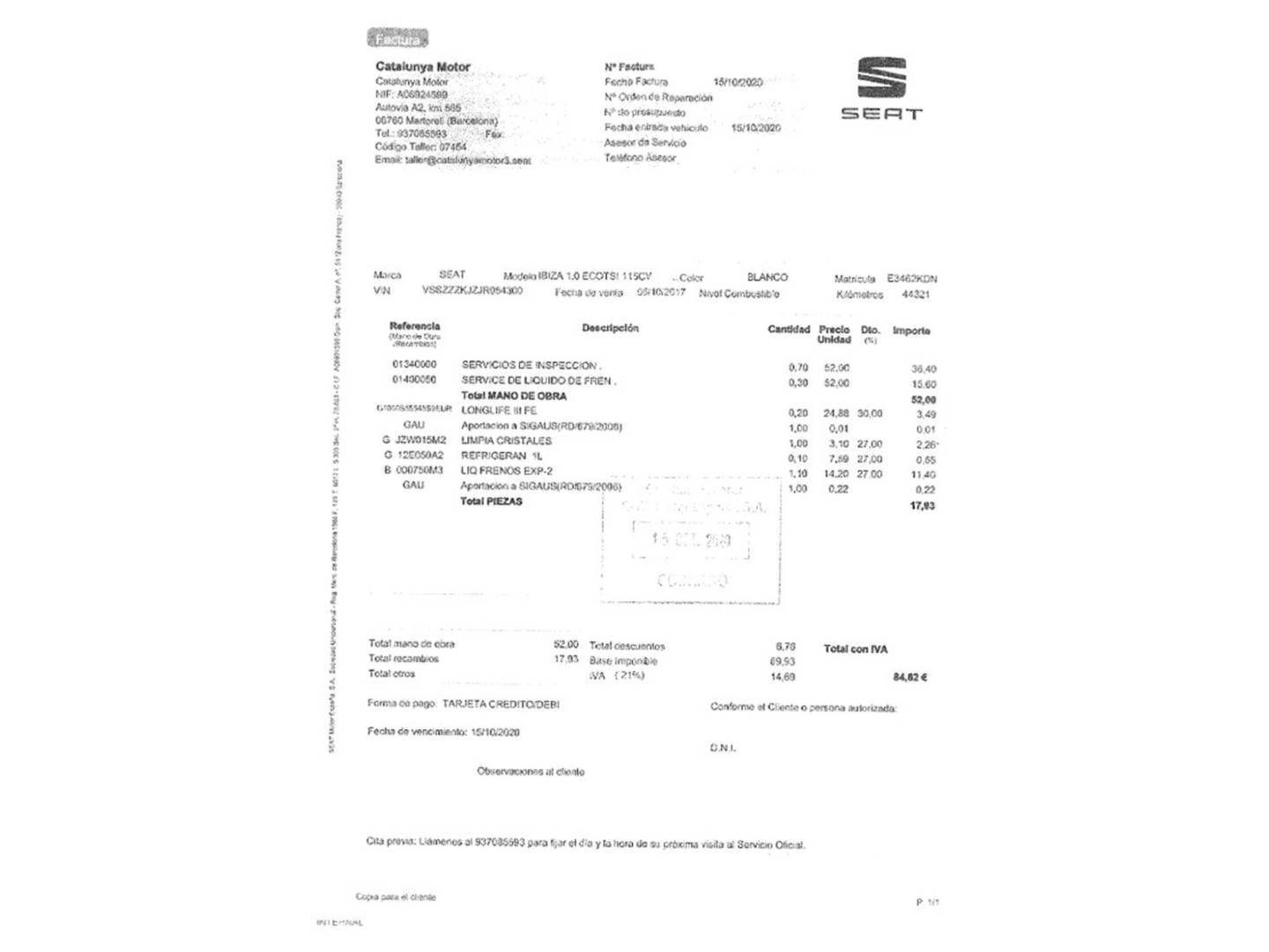 Foto del mantenimiento del Seat Ibiza Seat Ibiza 1.0 EcoTSI FR (115 CV)