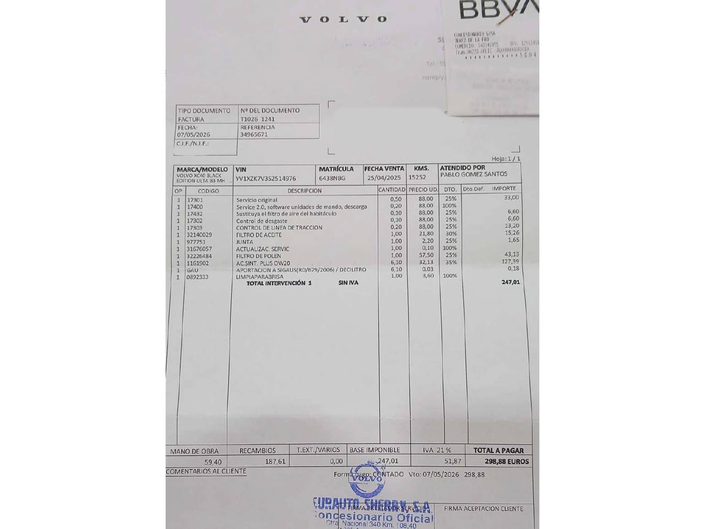 Foto del mantenimiento del Volvo XC40 Volvo XC40 B3 Gasolina Mild hybrid Black Edition Ultra Auto (163 CV)