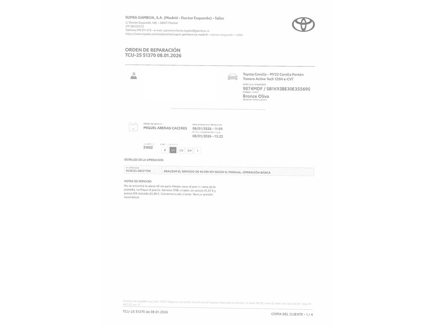 Foto del mantenimiento del Toyota Corolla Toyota Corolla 1.8 125 Híbrido Active Tech E-CVT (122 CV)