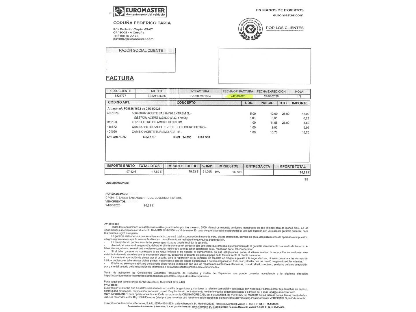 Foto del mantenimiento del Fiat 500 Fiat 500 1.2 8v Lounge (69 CV)