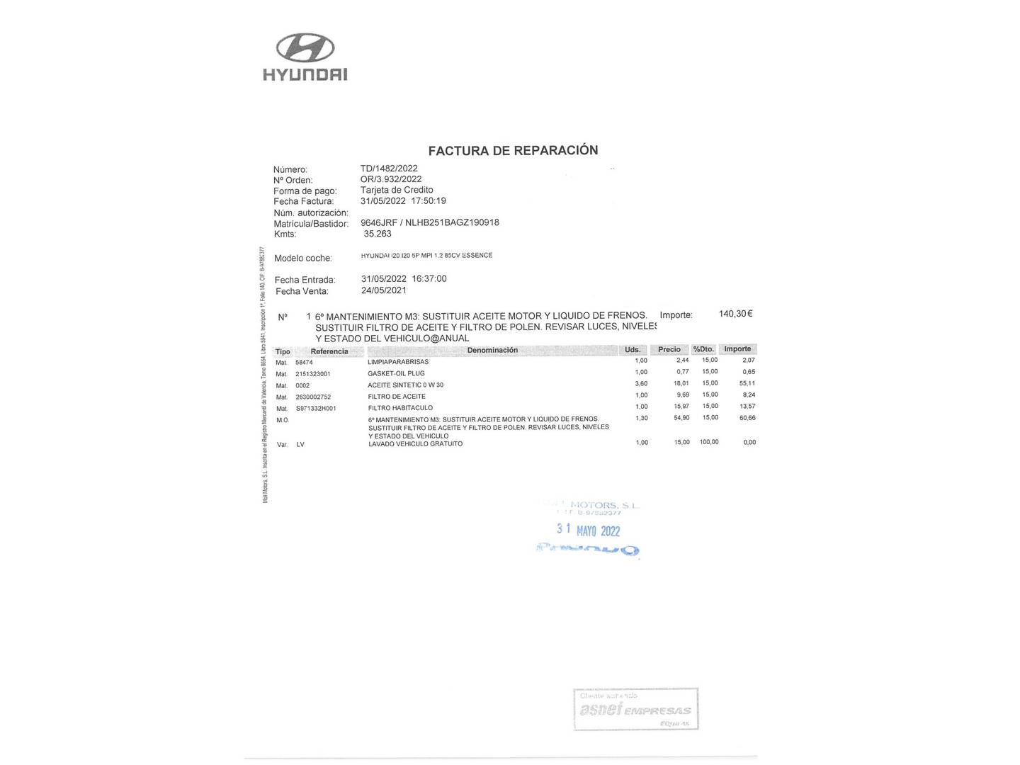 Foto del mantenimiento del Hyundai i20 Hyundai i20 1.2 MPI Essence (84 CV)