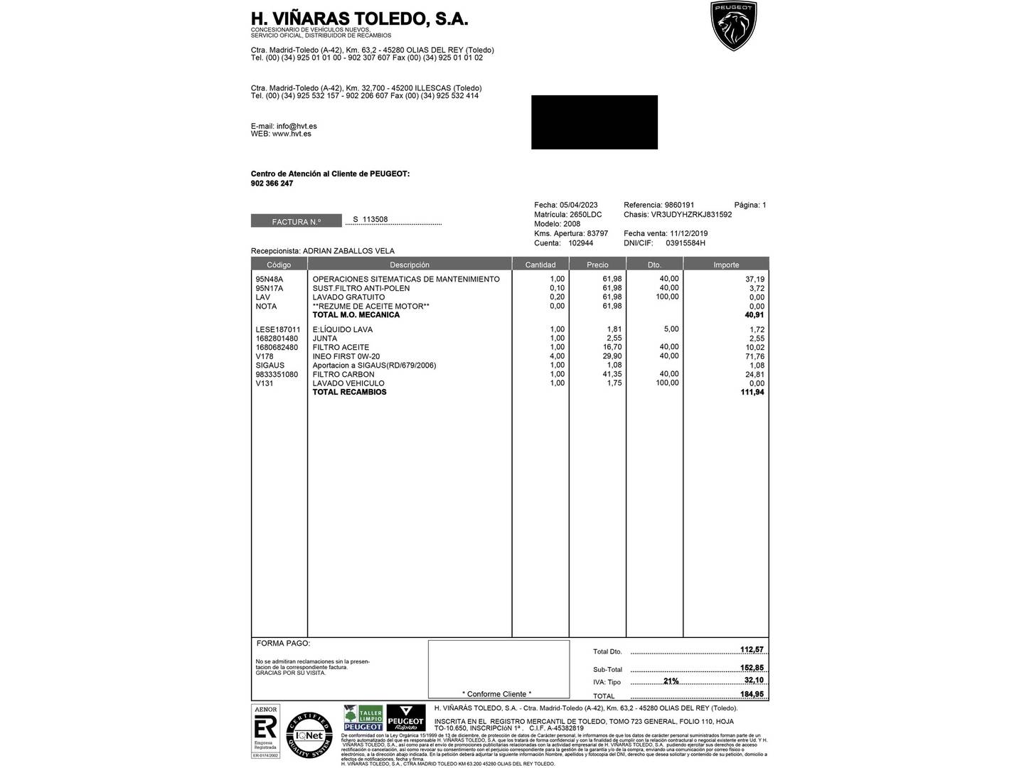 Foto del mantenimiento del Peugeot 2008 Peugeot 2008 BlueHDi 130 S&S Allure EAT8 (130 CV)