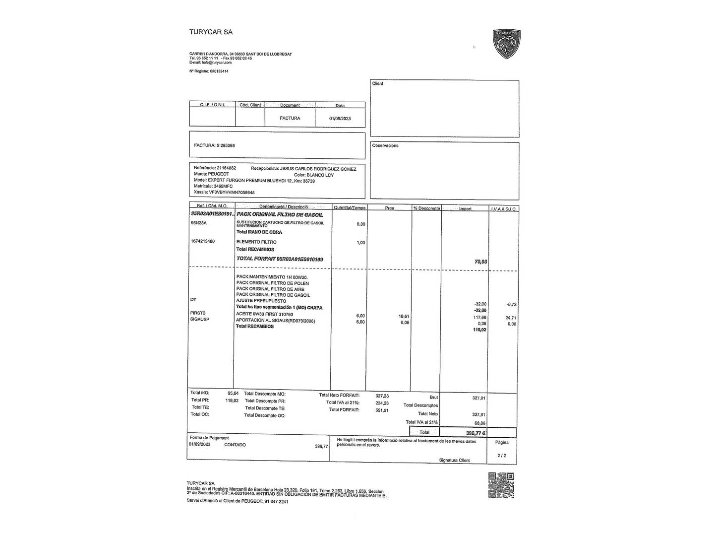 Foto del mantenimiento del Peugeot Expert Peugeot Expert Furgon BlueHDi 120 Premium (120 CV)