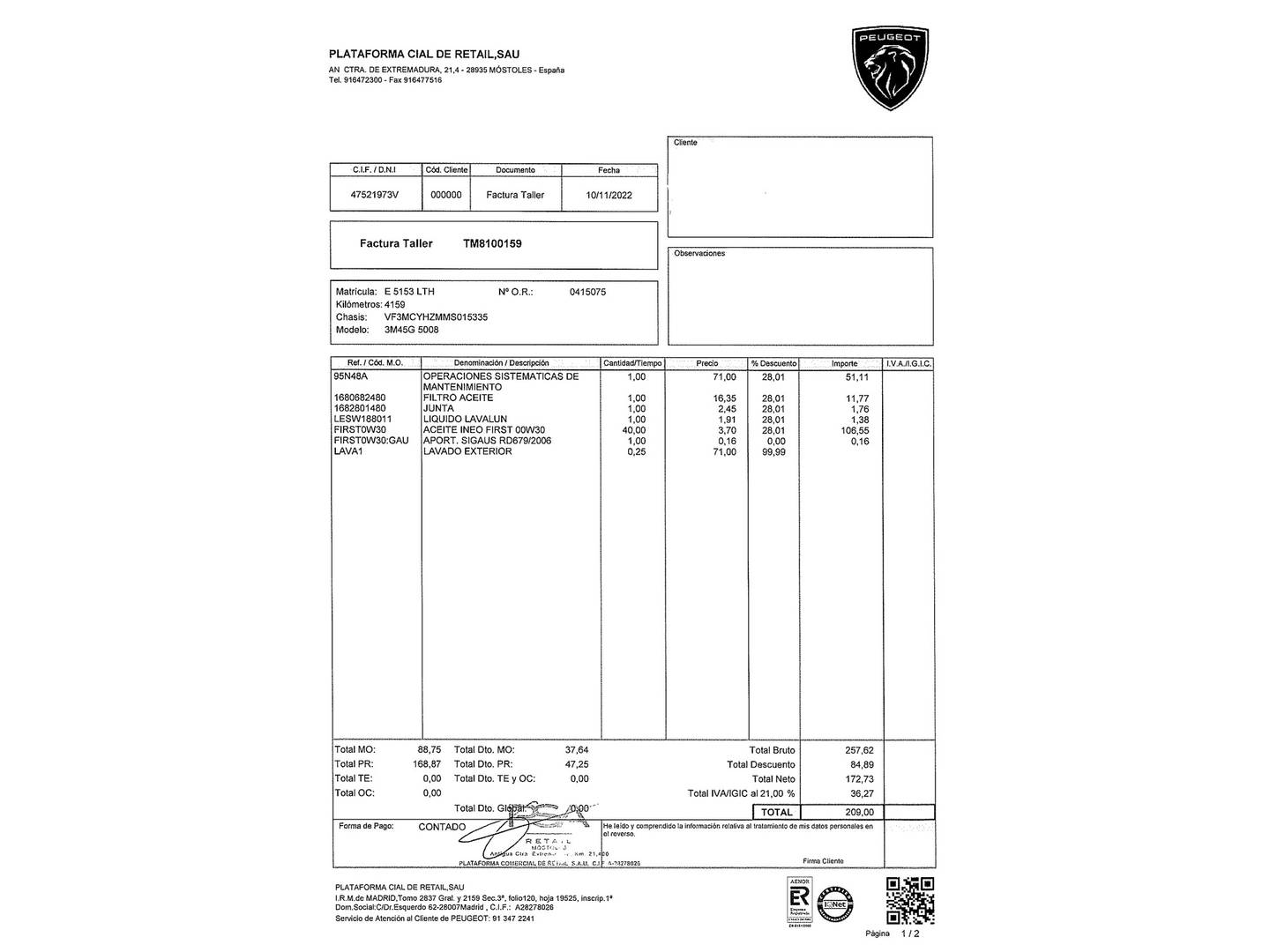 Foto del mantenimiento del Peugeot 5008 Peugeot 5008 BlueHDi 130 S&S Allure  (130 CV)