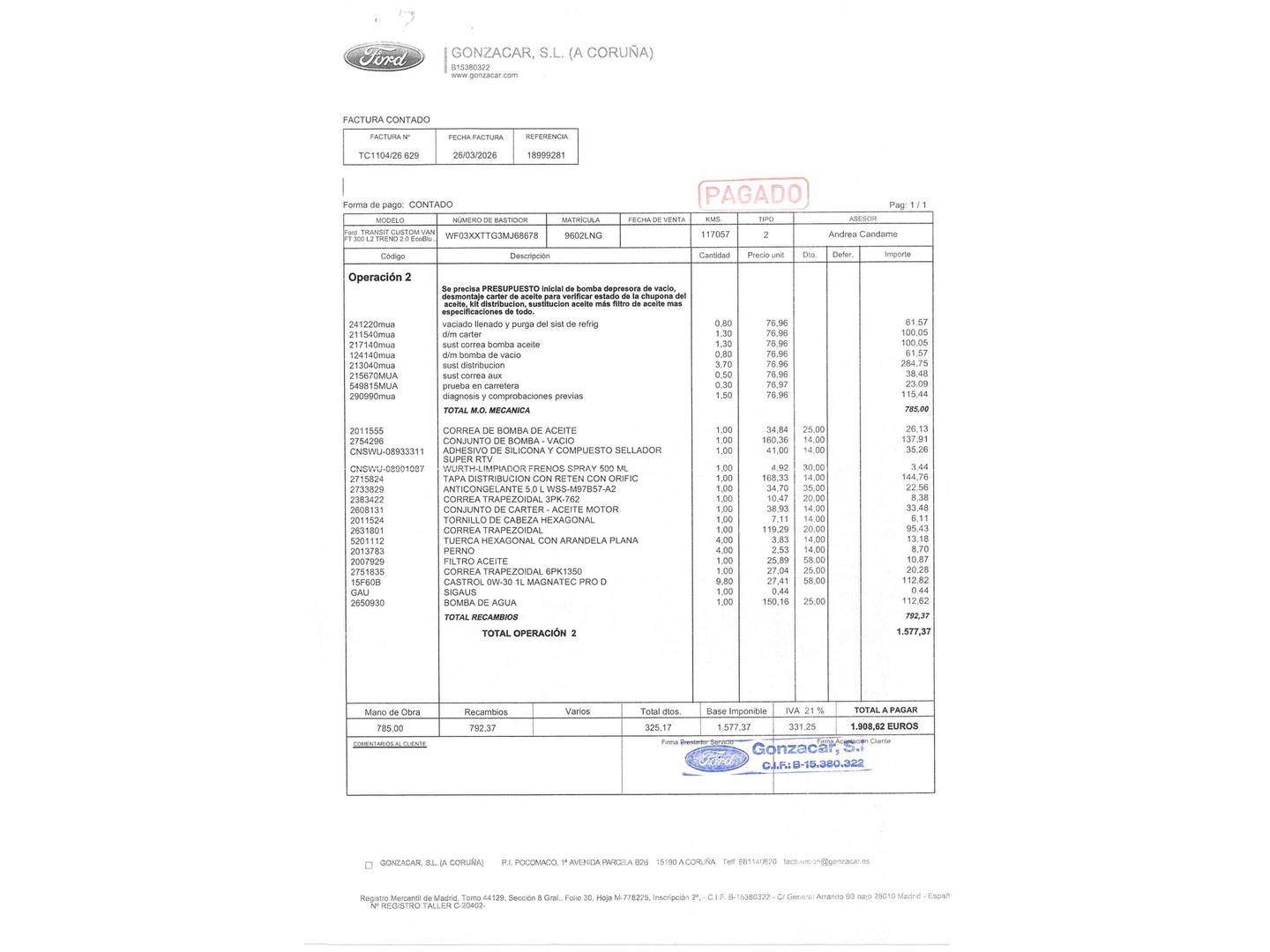 Foto del mantenimiento del Ford Tourneo Custom Ford Tourneo Custom 2.0 Ecoblue L1 Sport Auto (185 CV) Semi Camperizada 9 Plazas