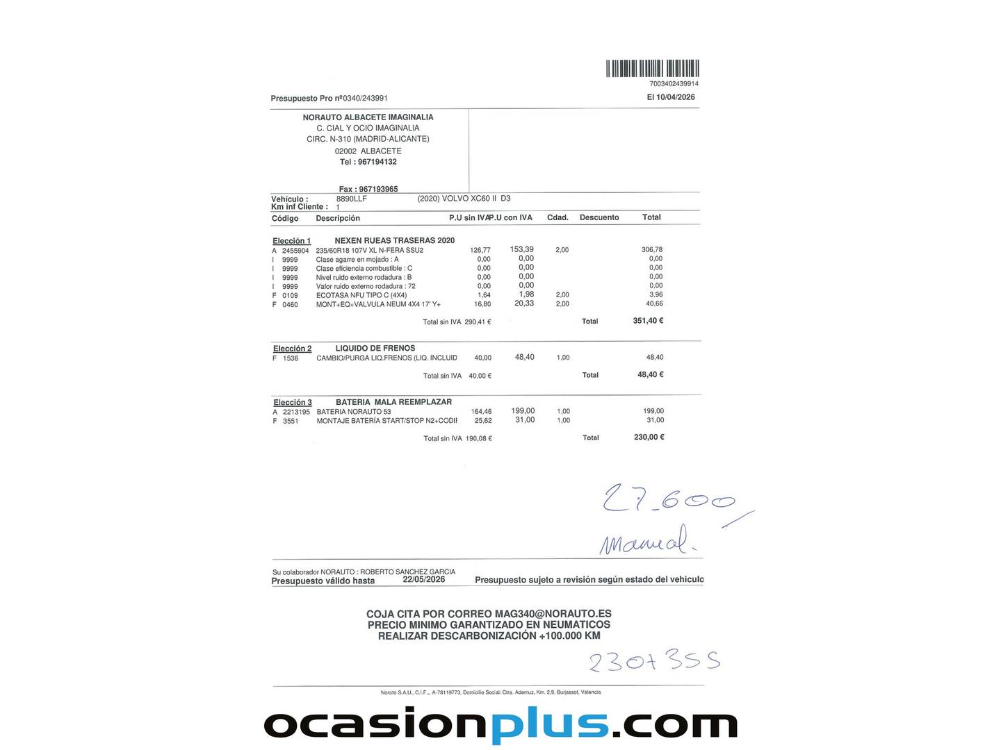 Foto del mantenimiento del Volvo XC60 Volvo XC60 D3 Business Plus (150 CV)