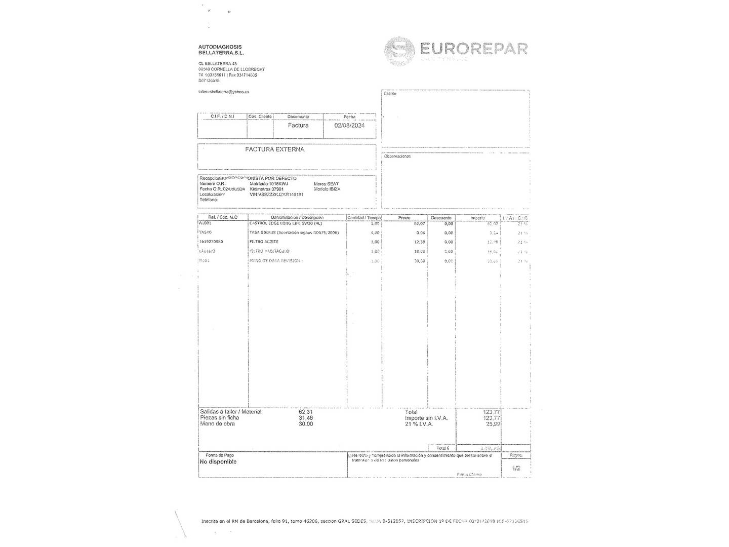 Foto del mantenimiento del Seat Ibiza Seat Ibiza 1.0 TGI GNC S&S FR (90 CV)
