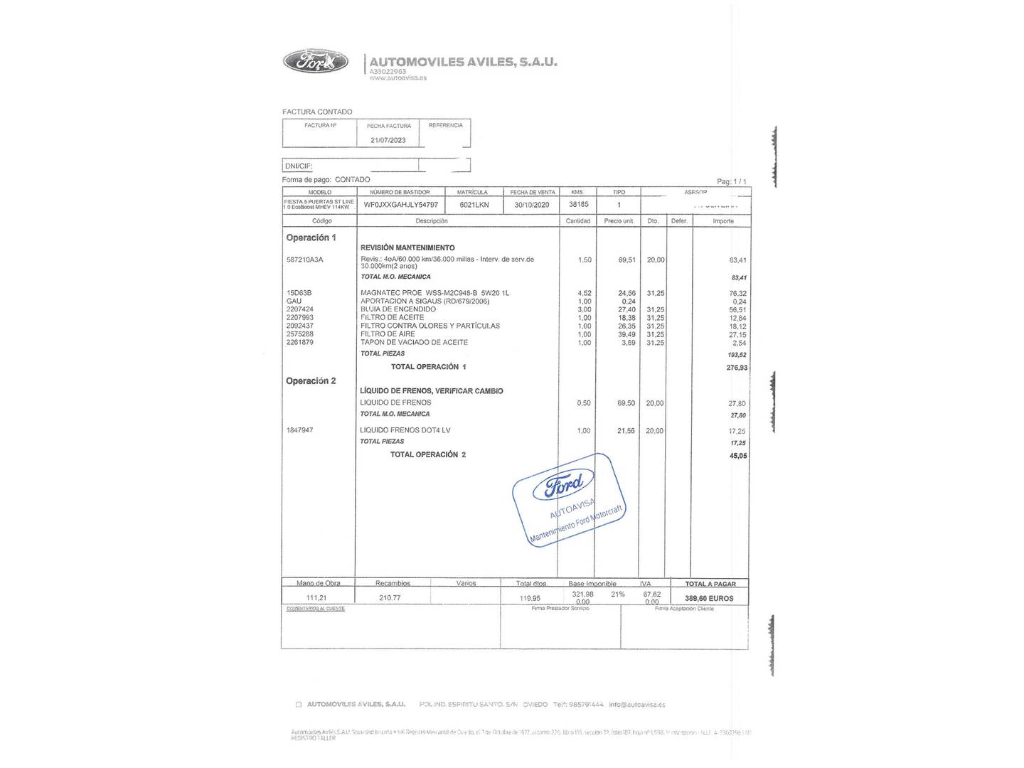 Foto del mantenimiento del Ford Fiesta Ford Fiesta 1.0 EcoBoost MHEV ST-Line (155 CV)