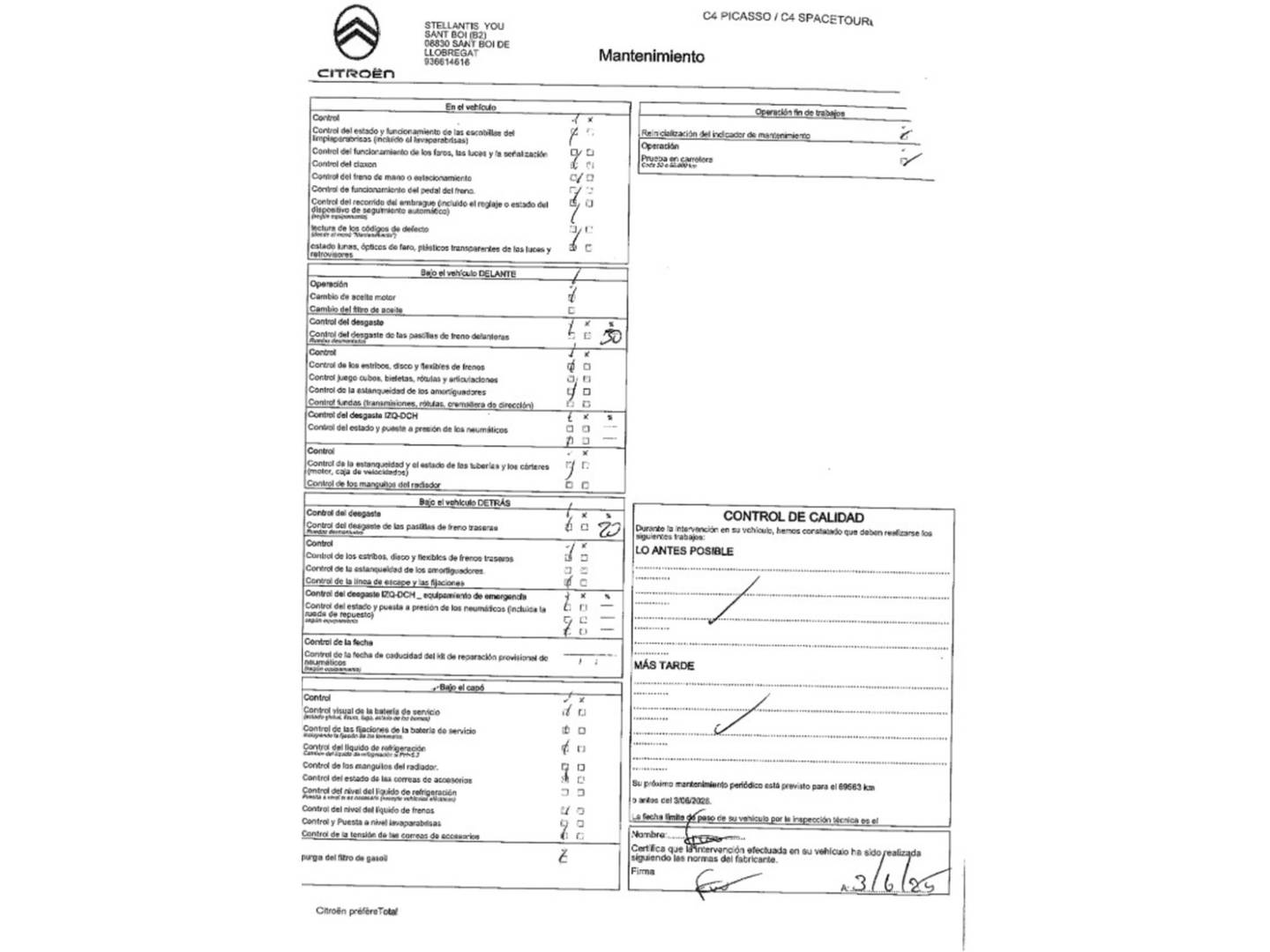 Foto del mantenimiento del Citroën C4 Spacetourer Citroen C4 Spacetourer BlueHDi 130 Origins (130 CV)
