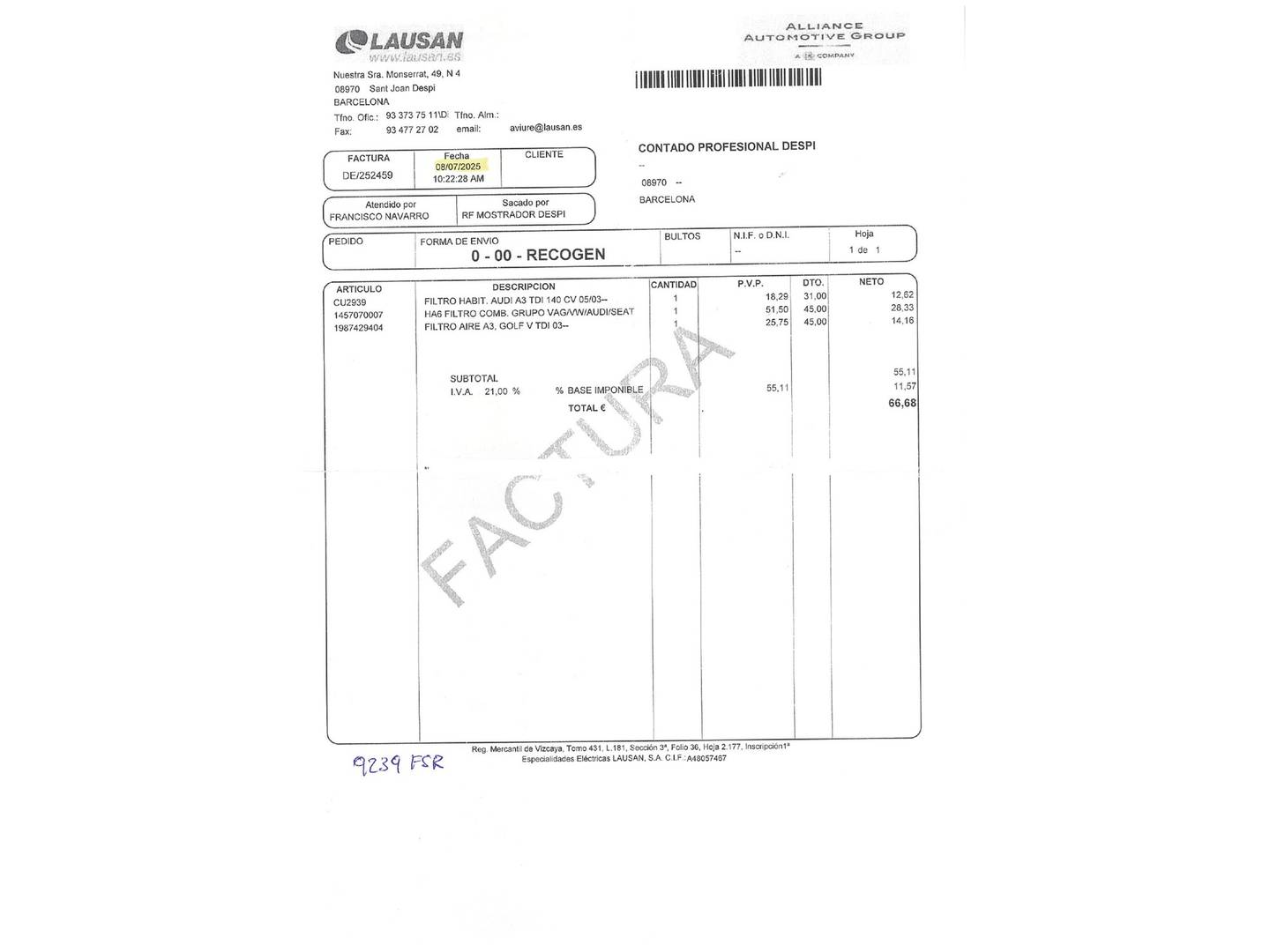 Foto del mantenimiento del Audi A3 Audi A3 Sportback Ambiente 2.0 TDI (140 CV) S tronic