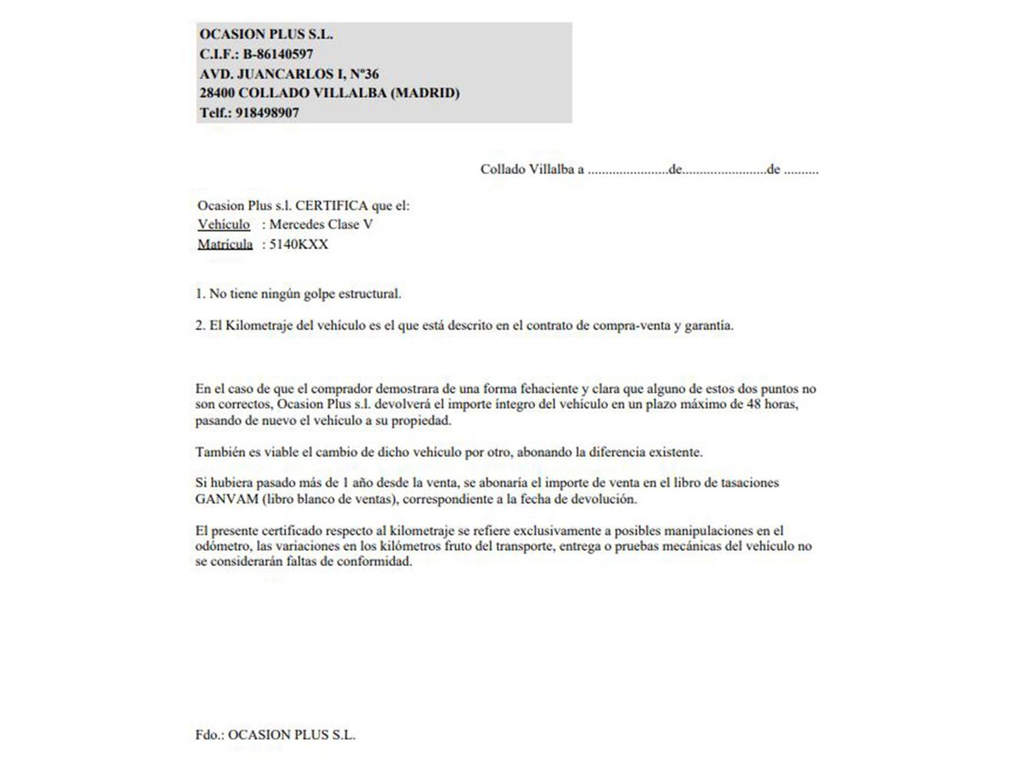 Foto del certificado del Mercedes Clase V Mercedes Clase V V 220 d Largo (163 CV) 7 Plazas