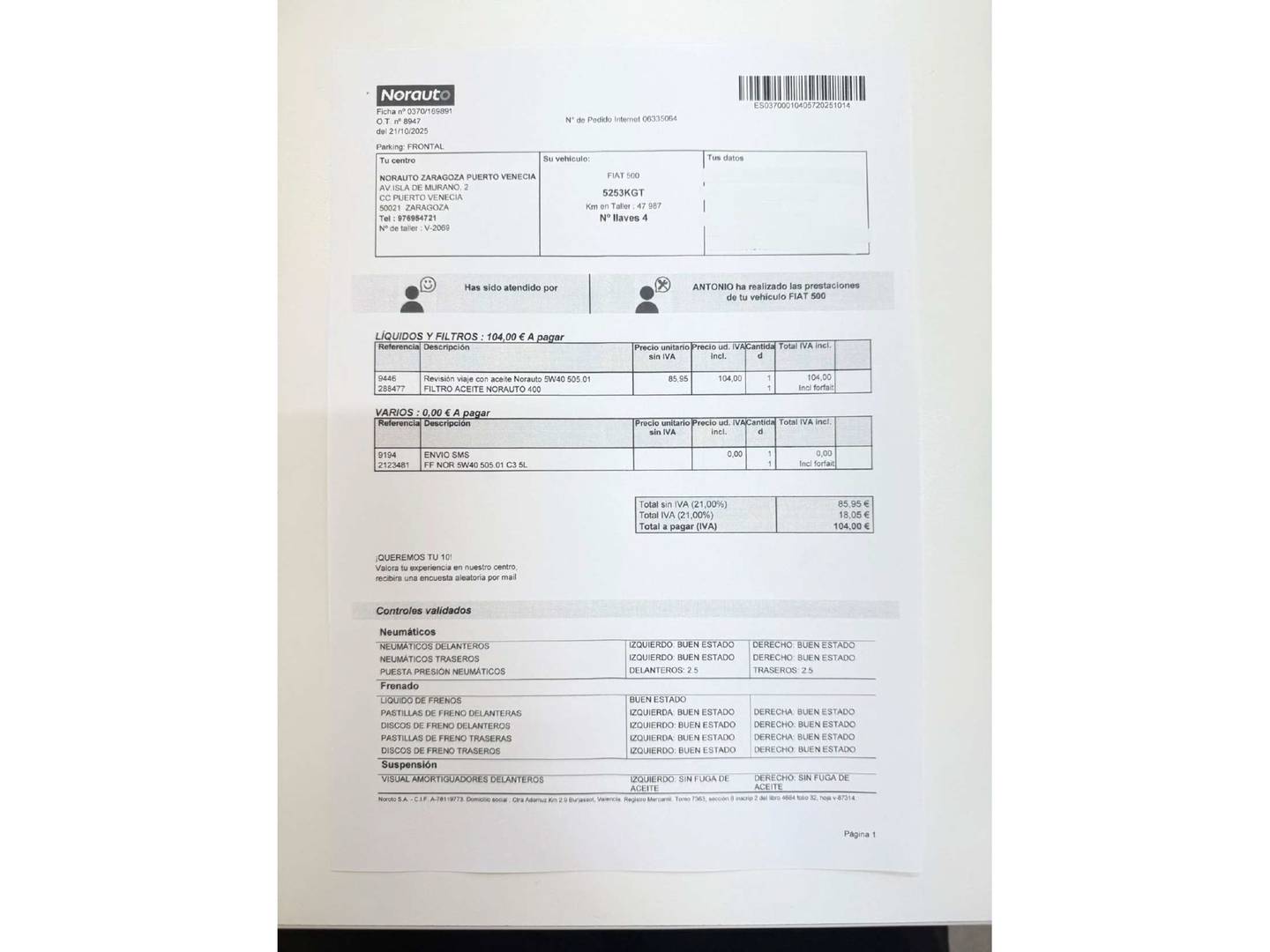 Foto del mantenimiento del Fiat 500 Fiat 500 1.2 8v Lounge (69 CV)
