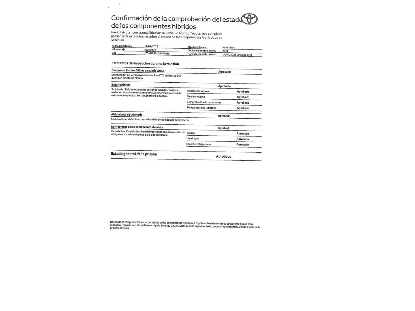 Foto del mantenimiento del Toyota Yaris Cross Toyota Yaris Cross 120H Active Tech (116 CV)